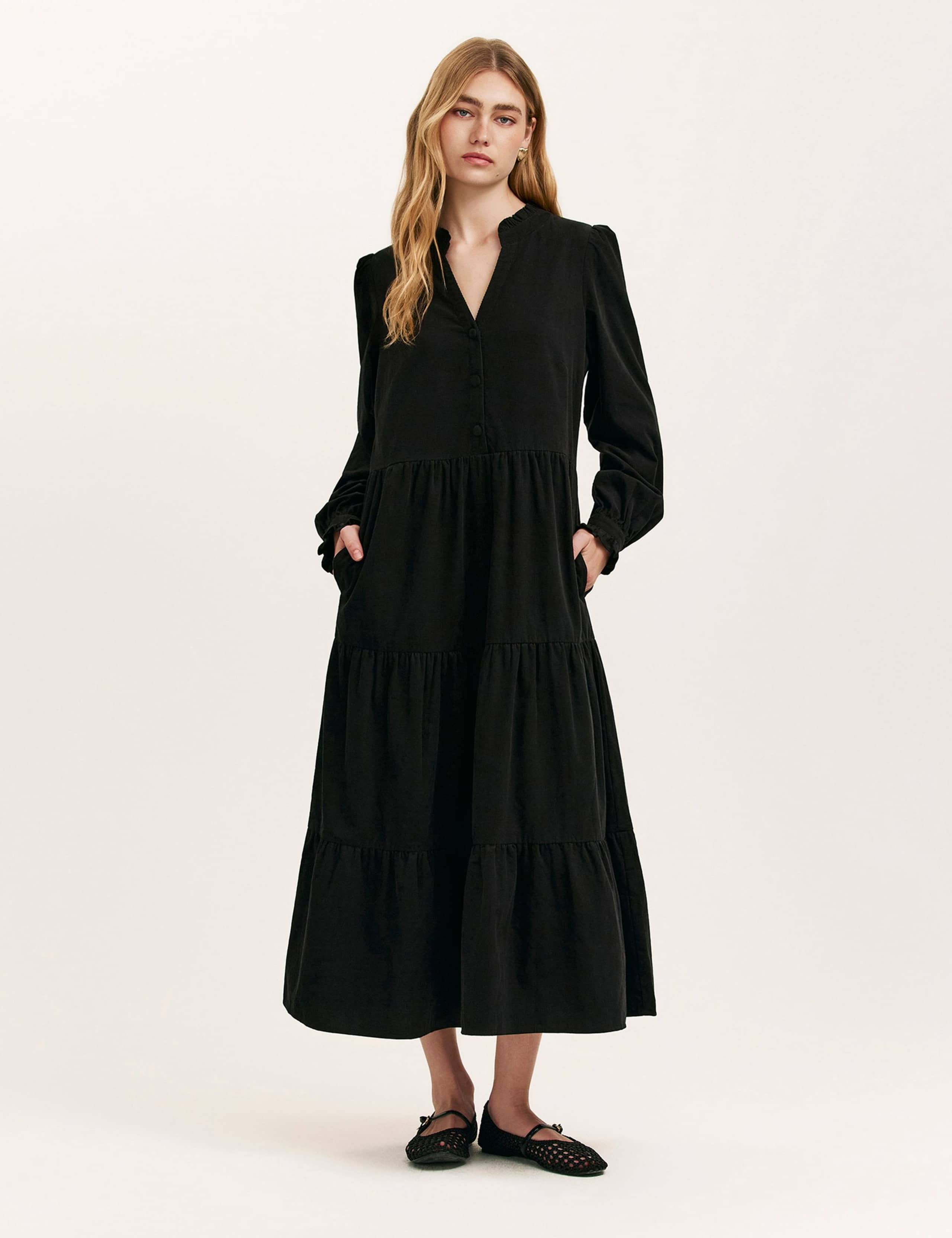 Cord V-Neck Collarless Midi Tiered Dress 1 of 4