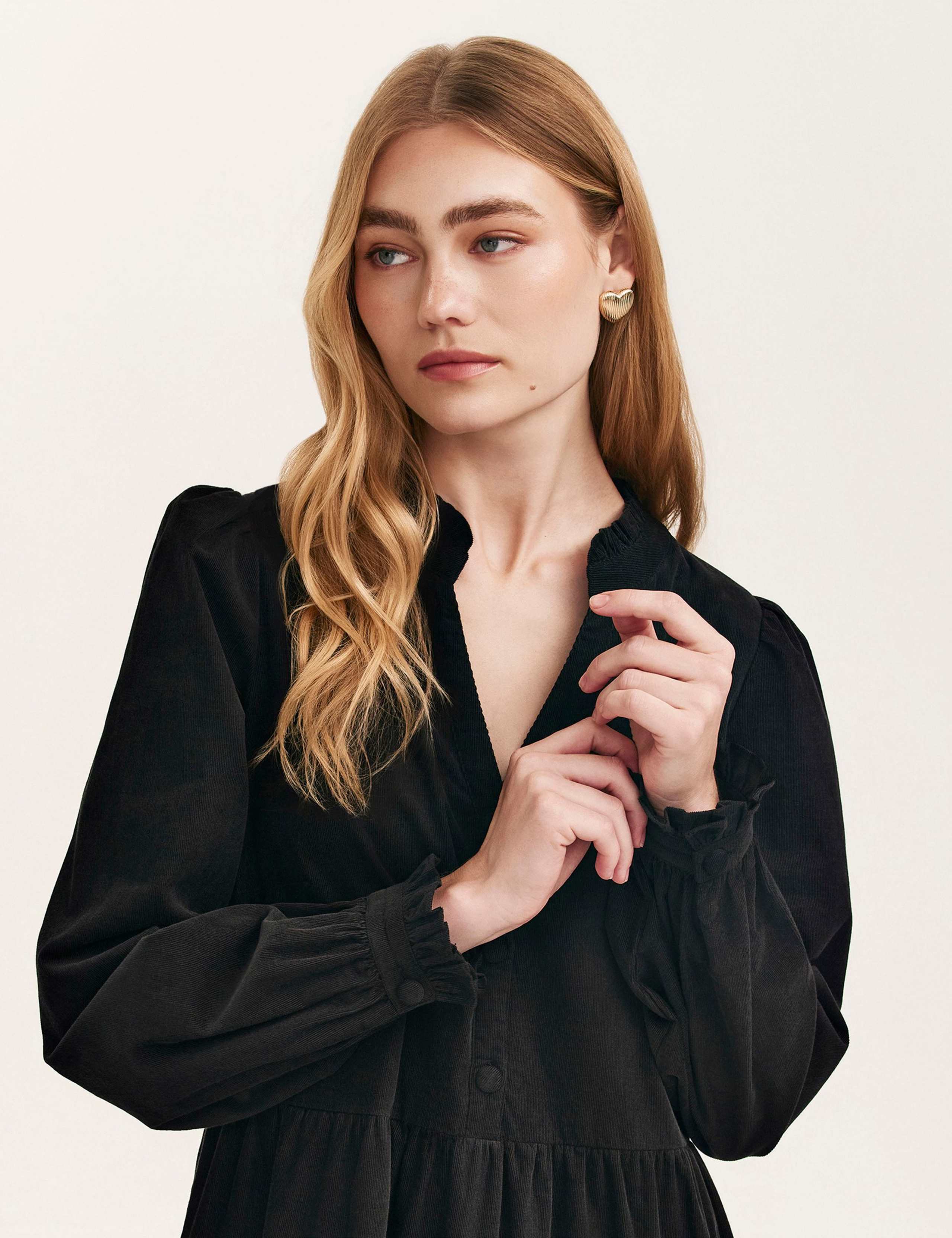 Cord V-Neck Collarless Midi Tiered Dress 2 of 4