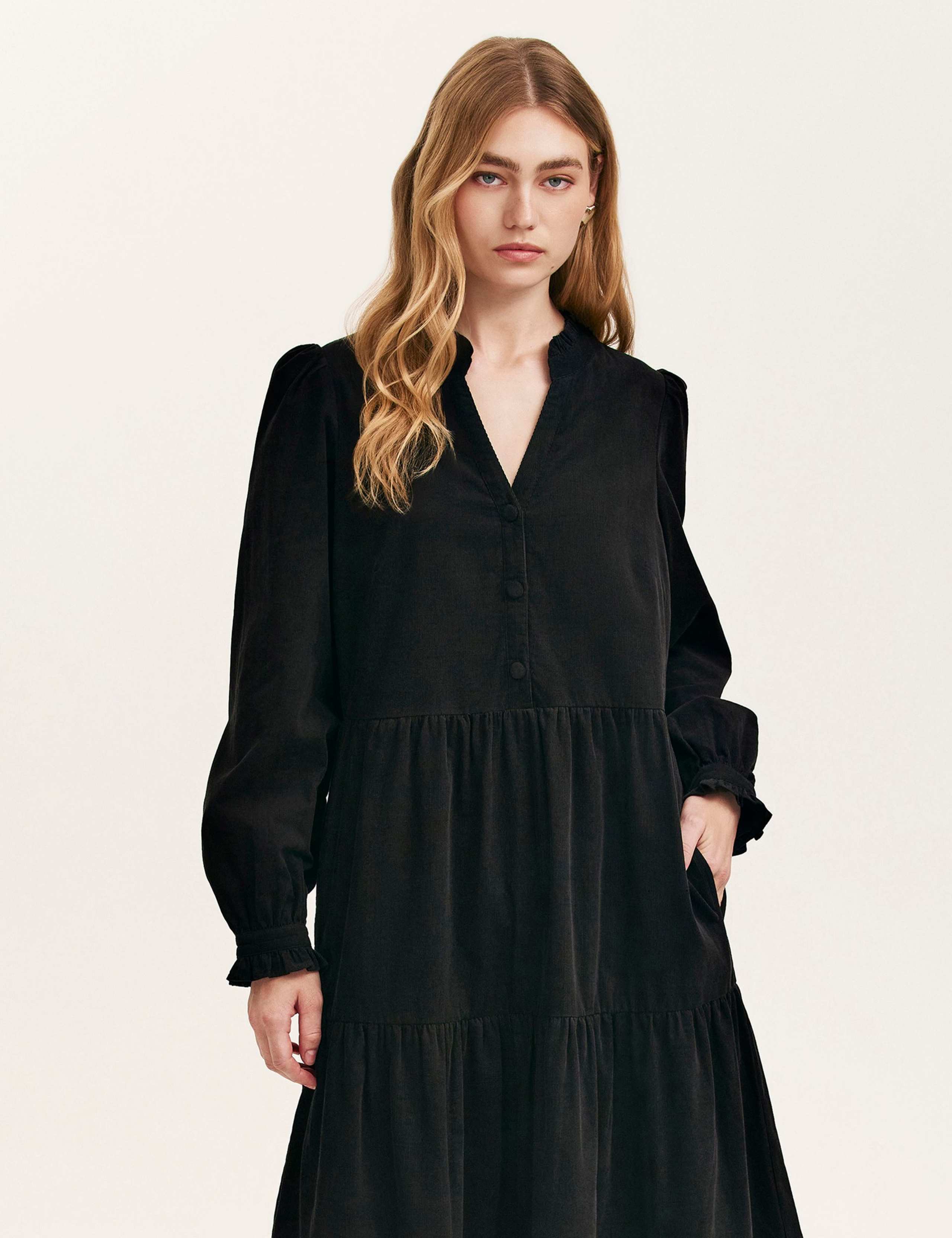 Cord V-Neck Collarless Midi Tiered Dress 4 of 4