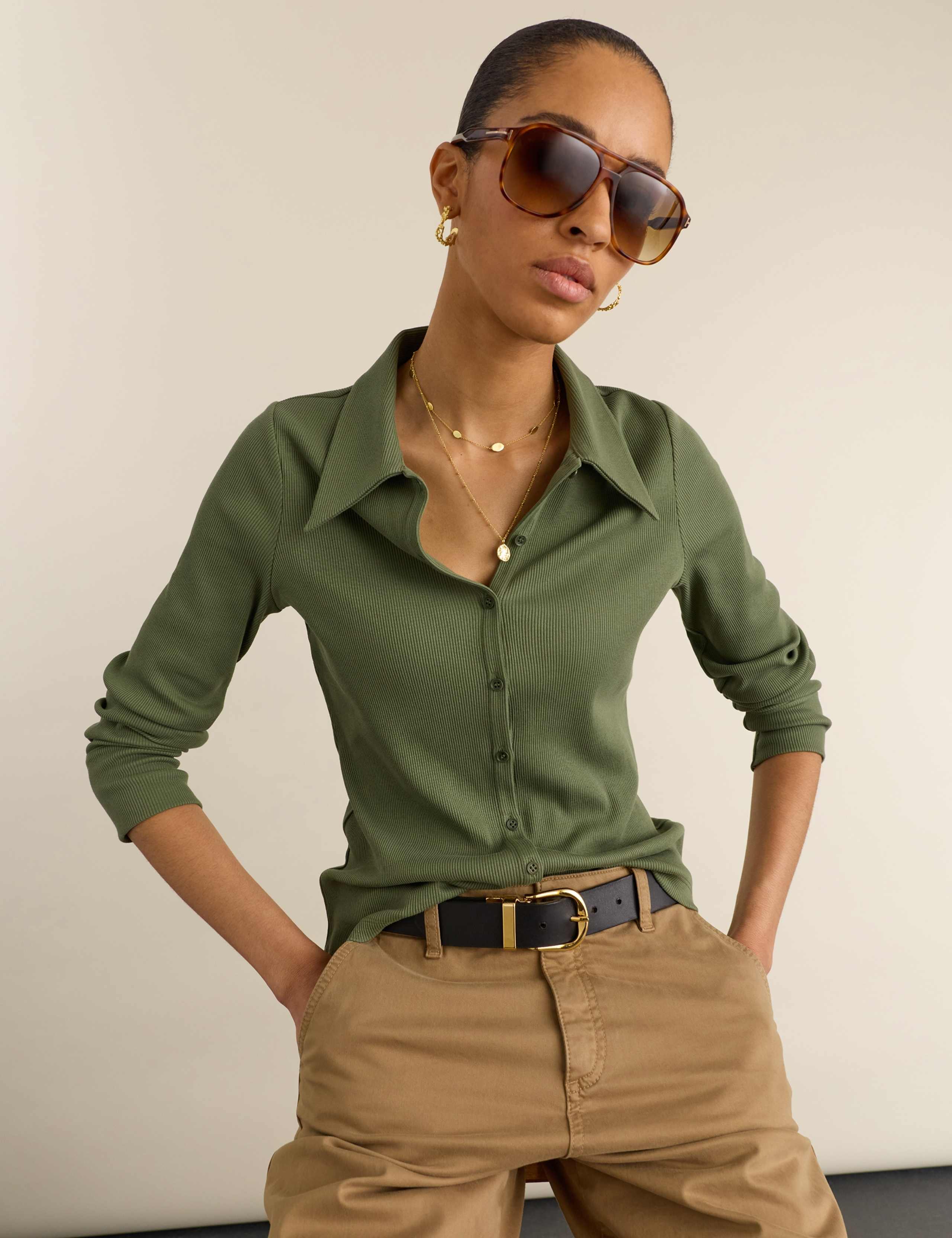 Jersey Rib Collared Button Down Fitted Top 1 of 5
