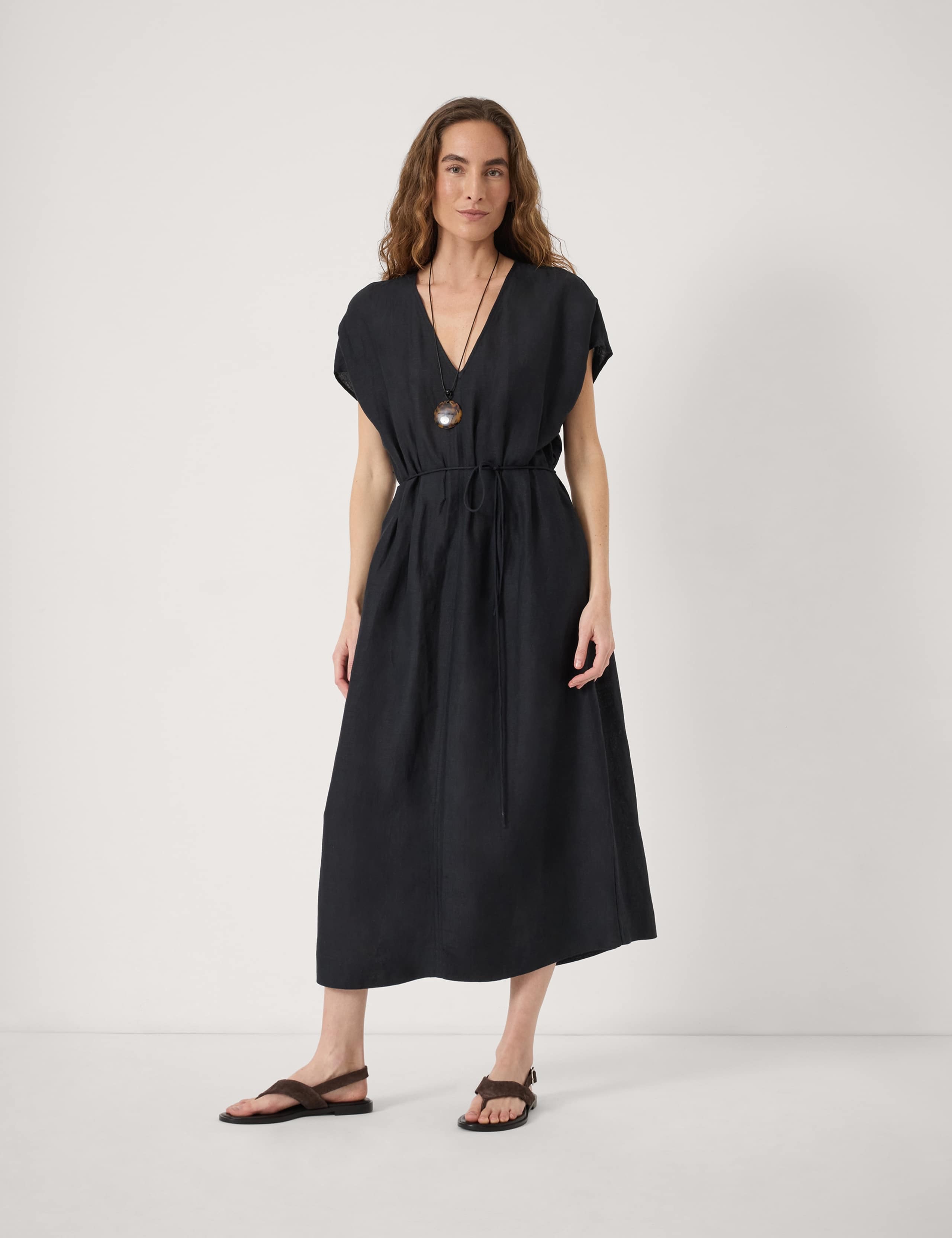 Linen Blend V-Neck Midi Waisted Dress 1 of 6