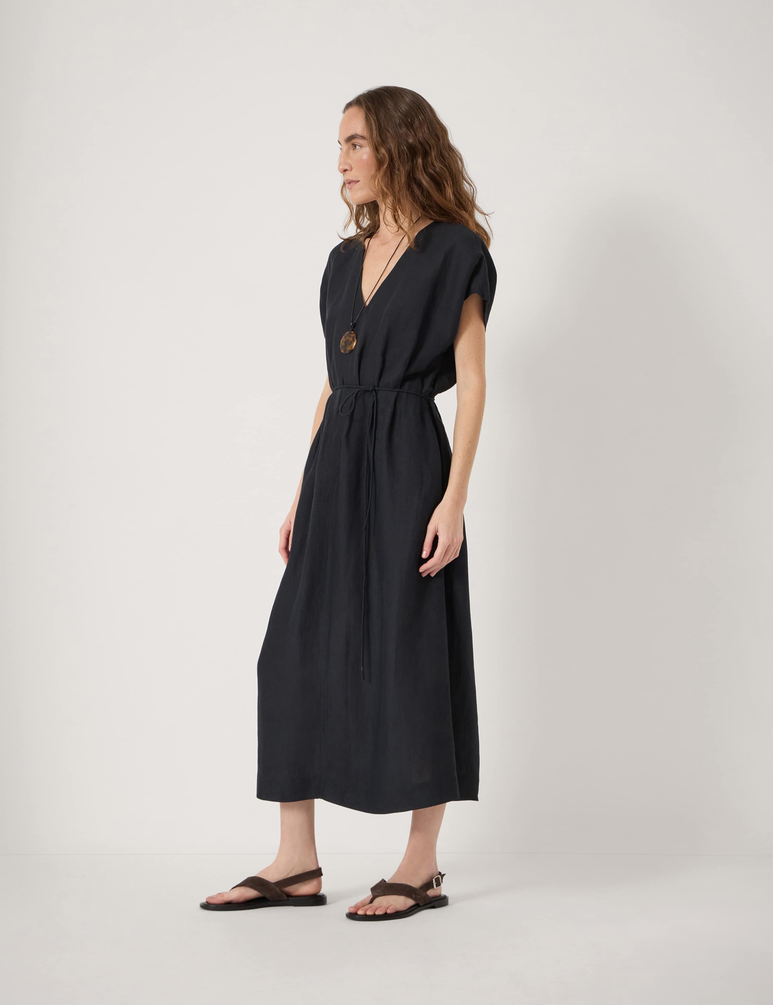 Linen Blend V-Neck Midi Waisted Dress 3 of 6
