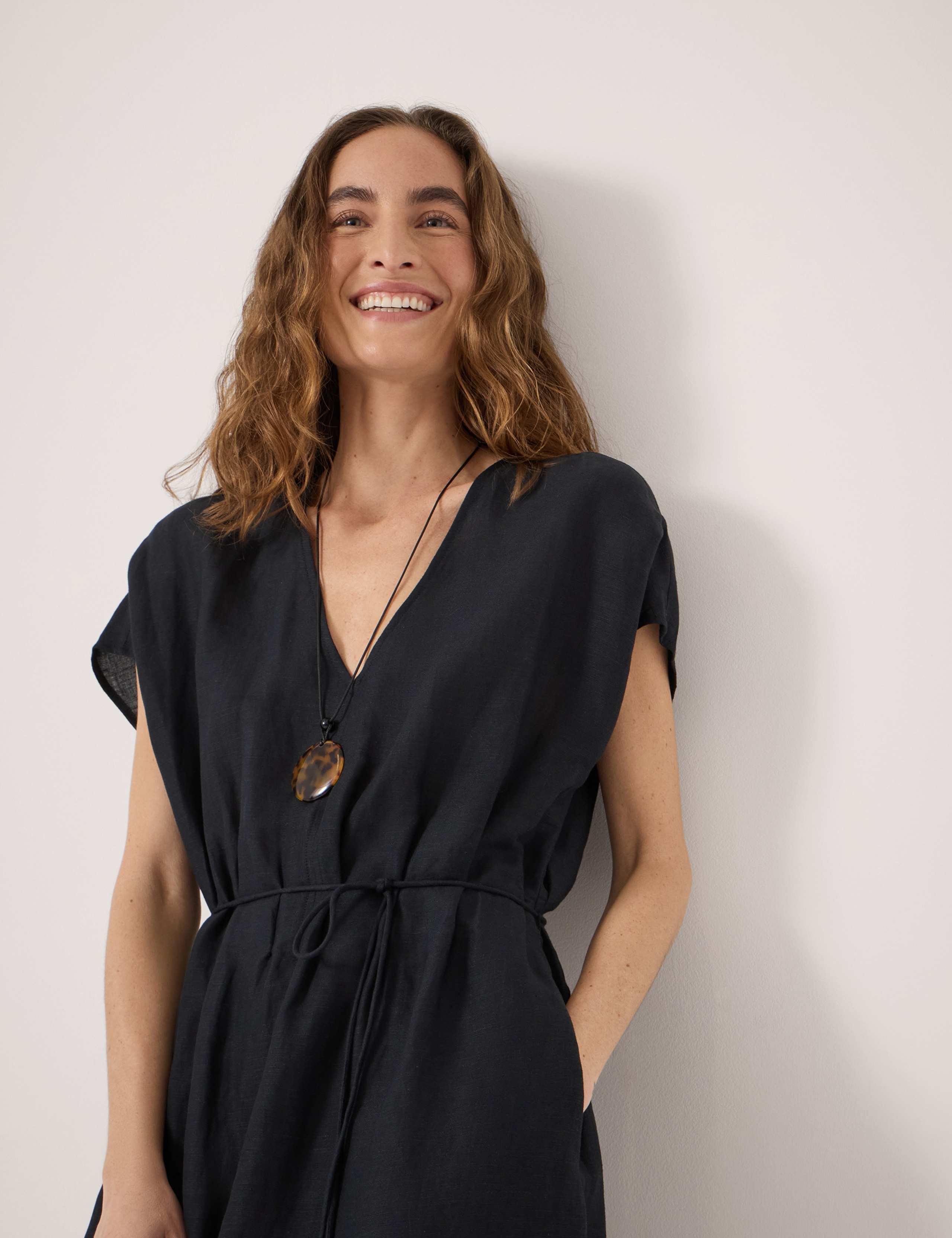 Linen Blend V-Neck Midi Waisted Dress 6 of 6