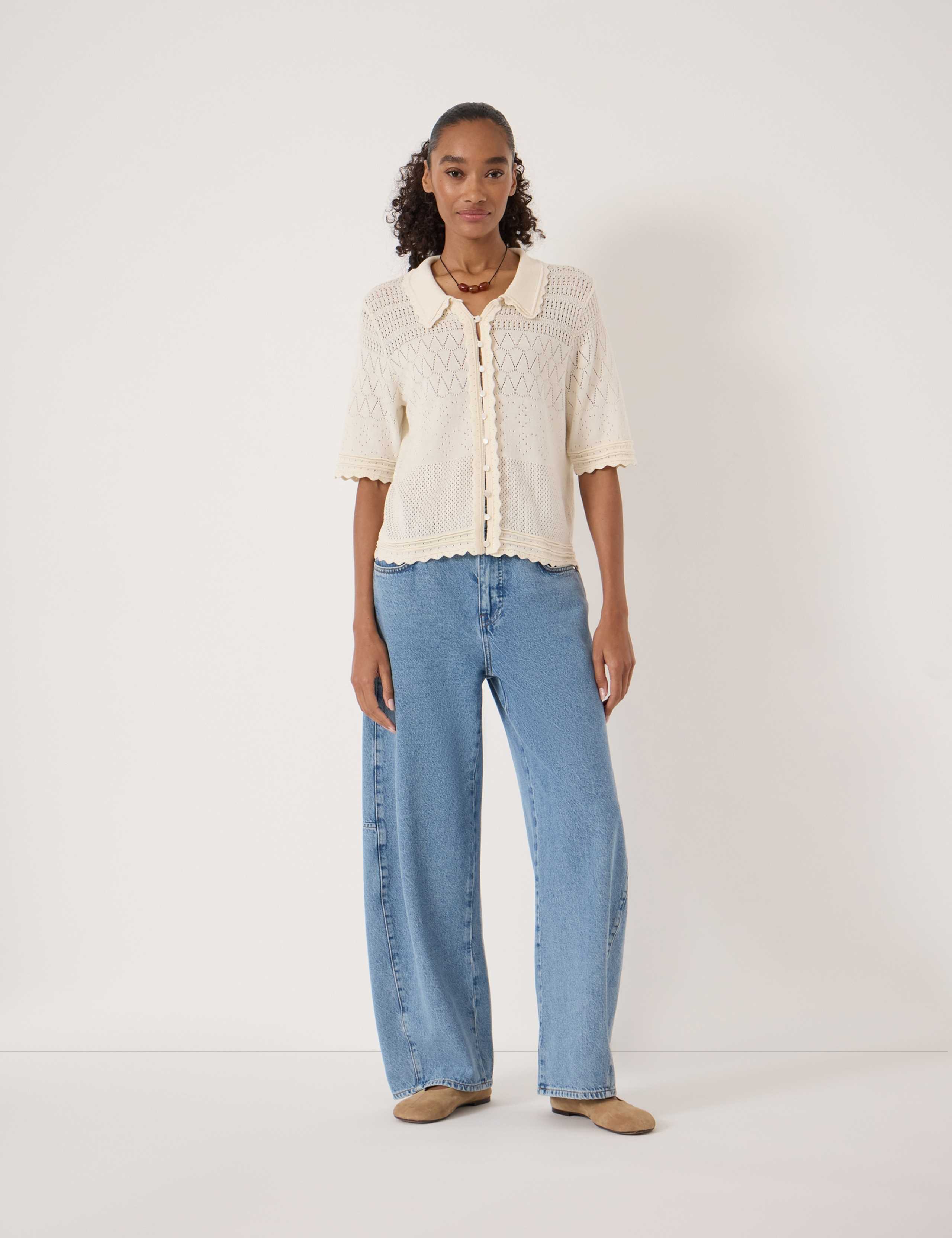 Cotton Blend Pointelle Collared Cardigan 3 of 5