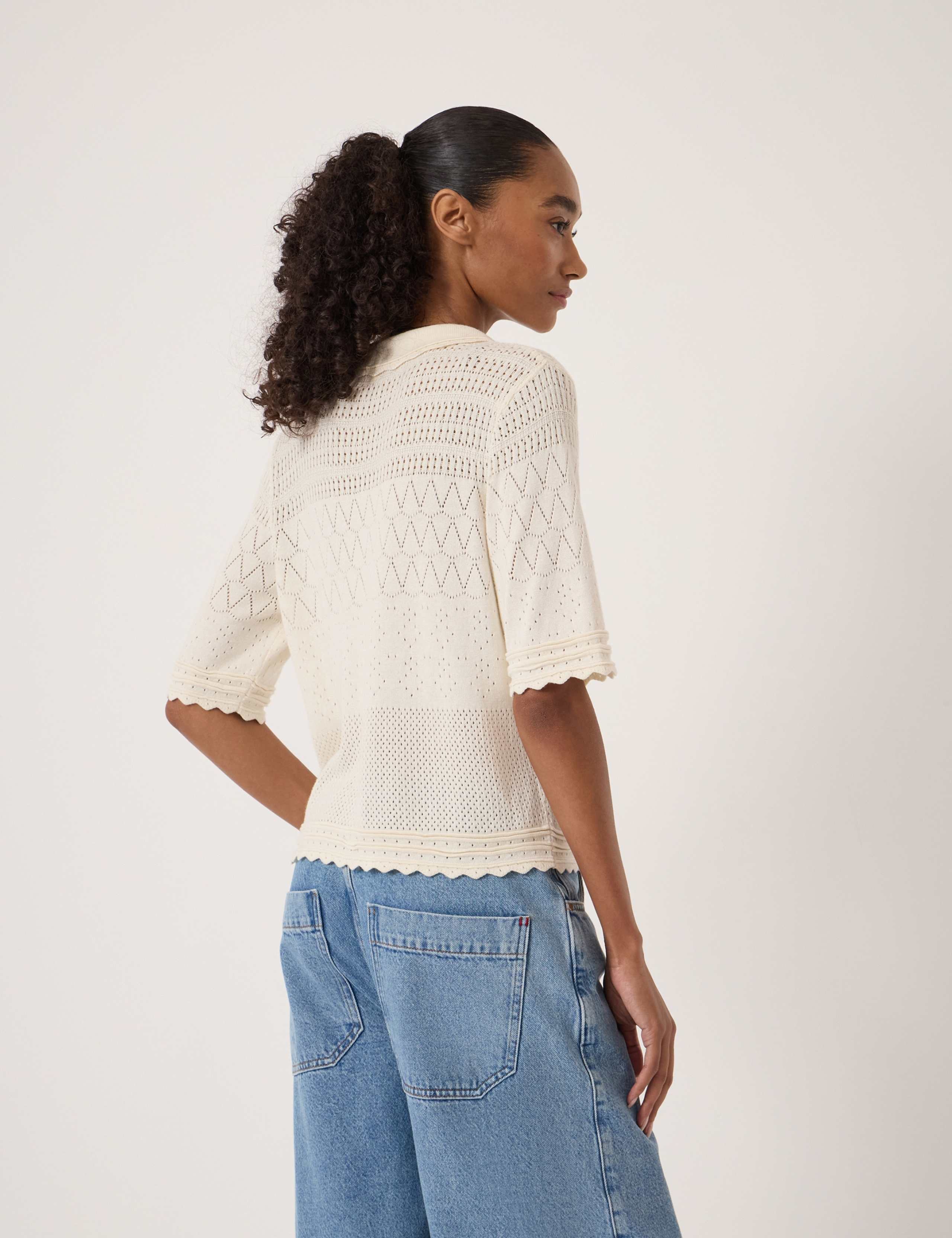 Cotton Blend Pointelle Collared Cardigan 4 of 5