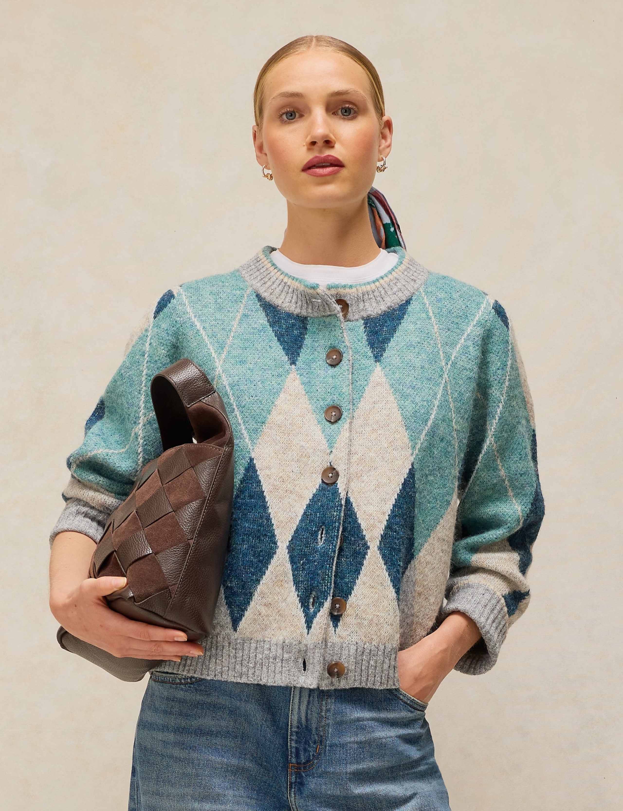 Argyle Checked Cardigan with Wool 1 of 6