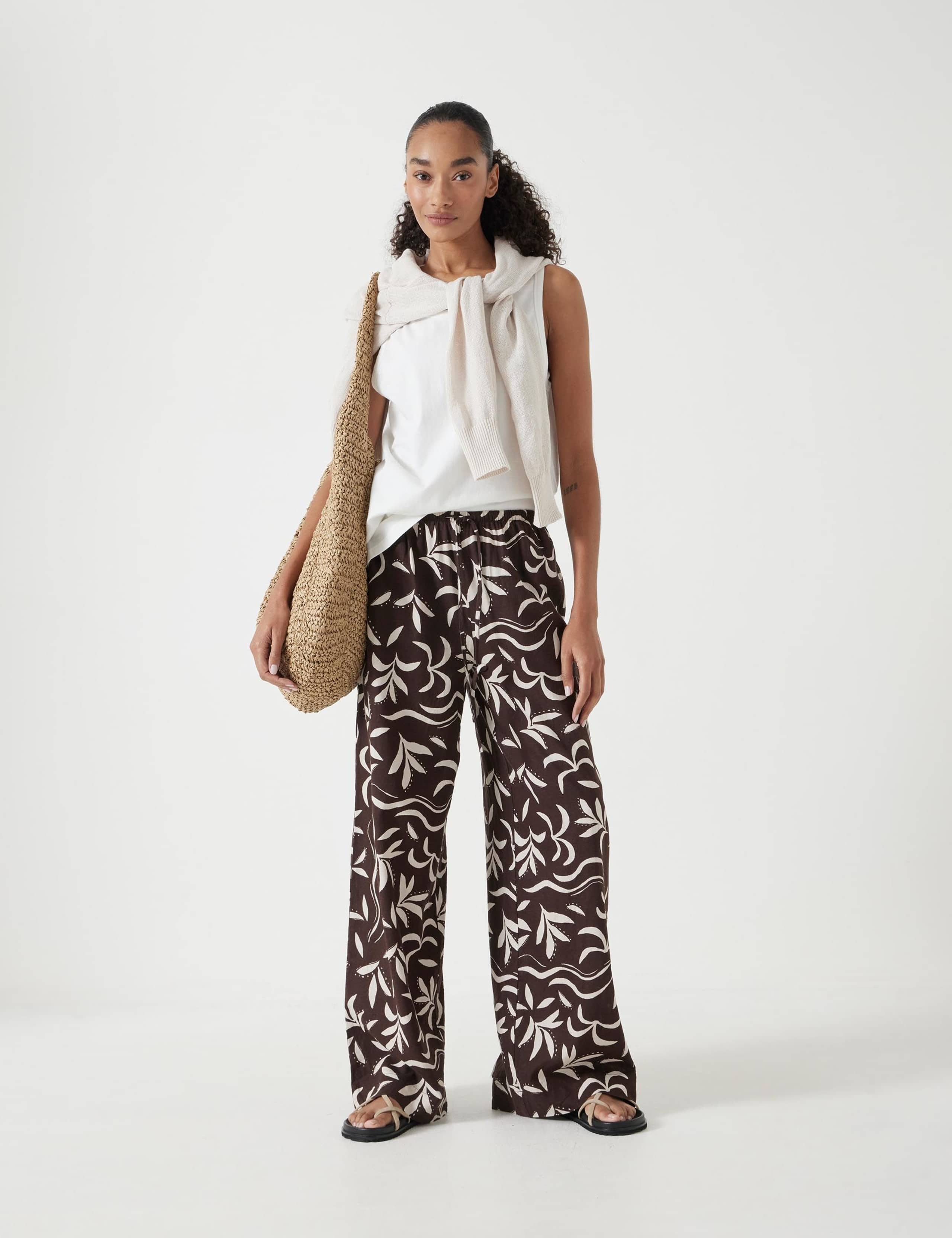 Linen Rich Leaf Print Wide Leg Trousers 3 of 6