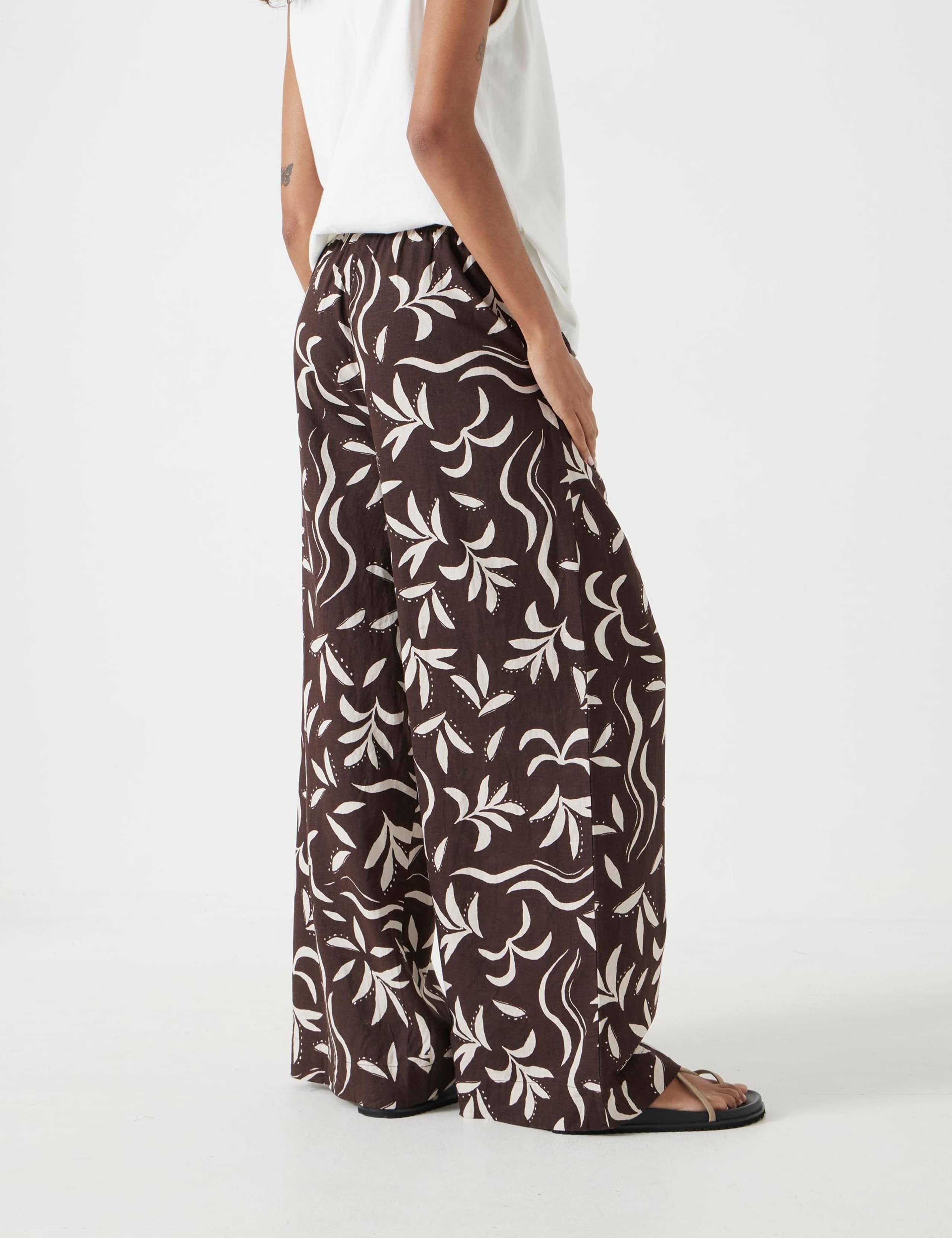 Linen Rich Leaf Print Wide Leg Trousers 5 of 6