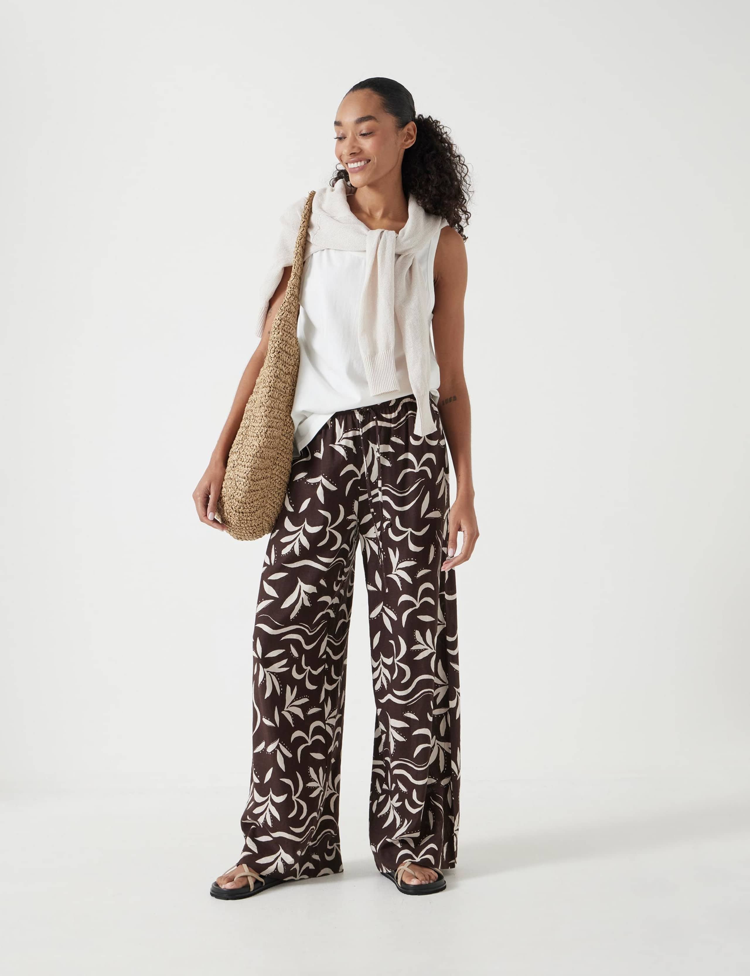 Linen Rich Leaf Print Wide Leg Trousers 6 of 6
