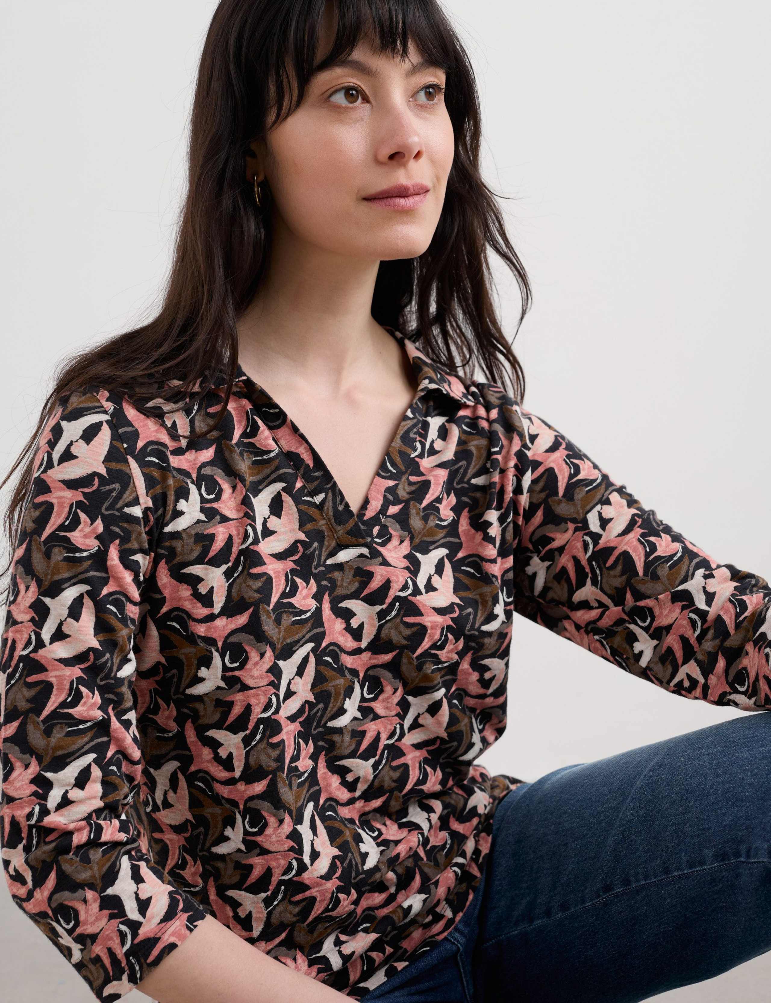 Pure Cotton Bird Print V-Neck Collared Top 3 of 5