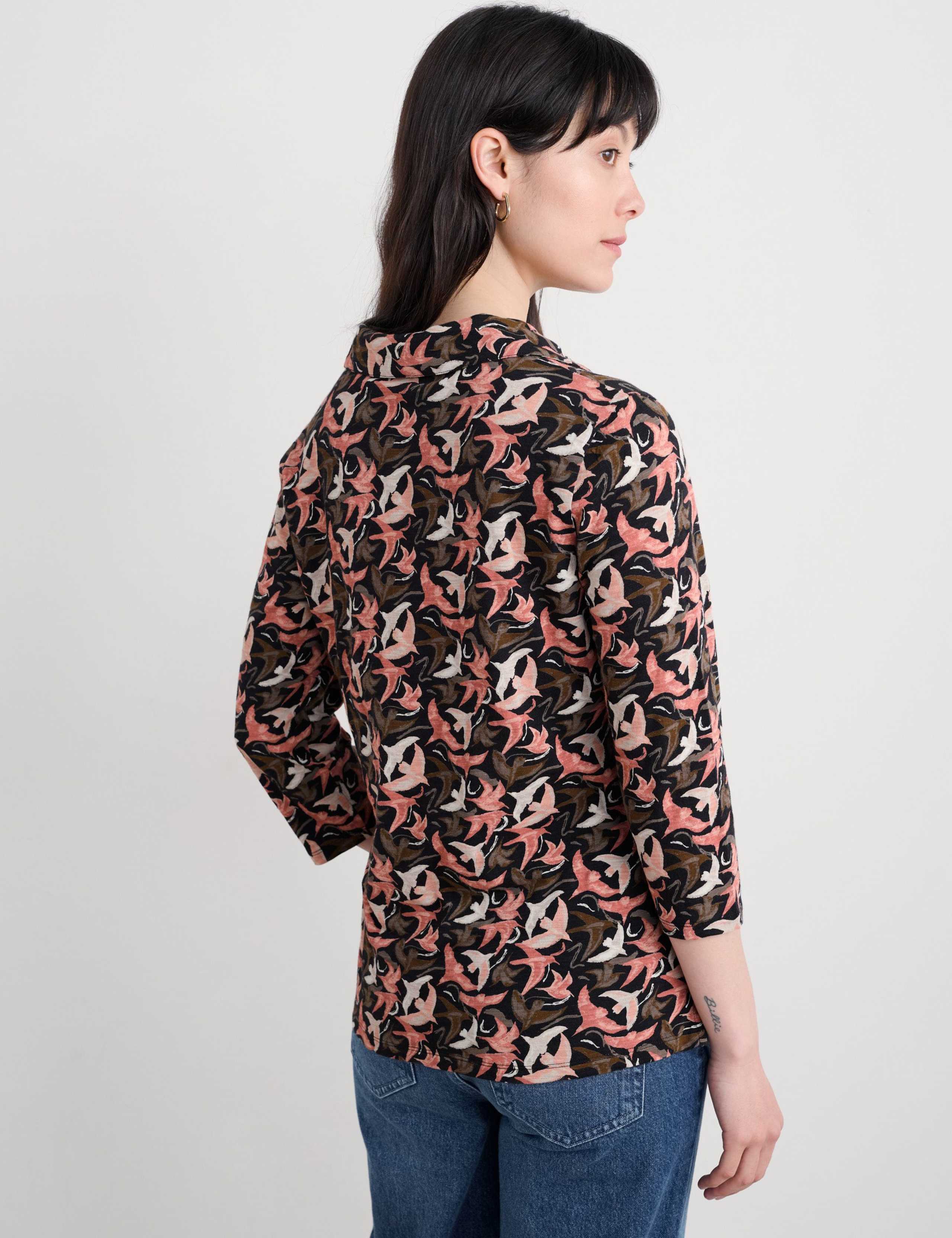 Pure Cotton Bird Print V-Neck Collared Top 4 of 5