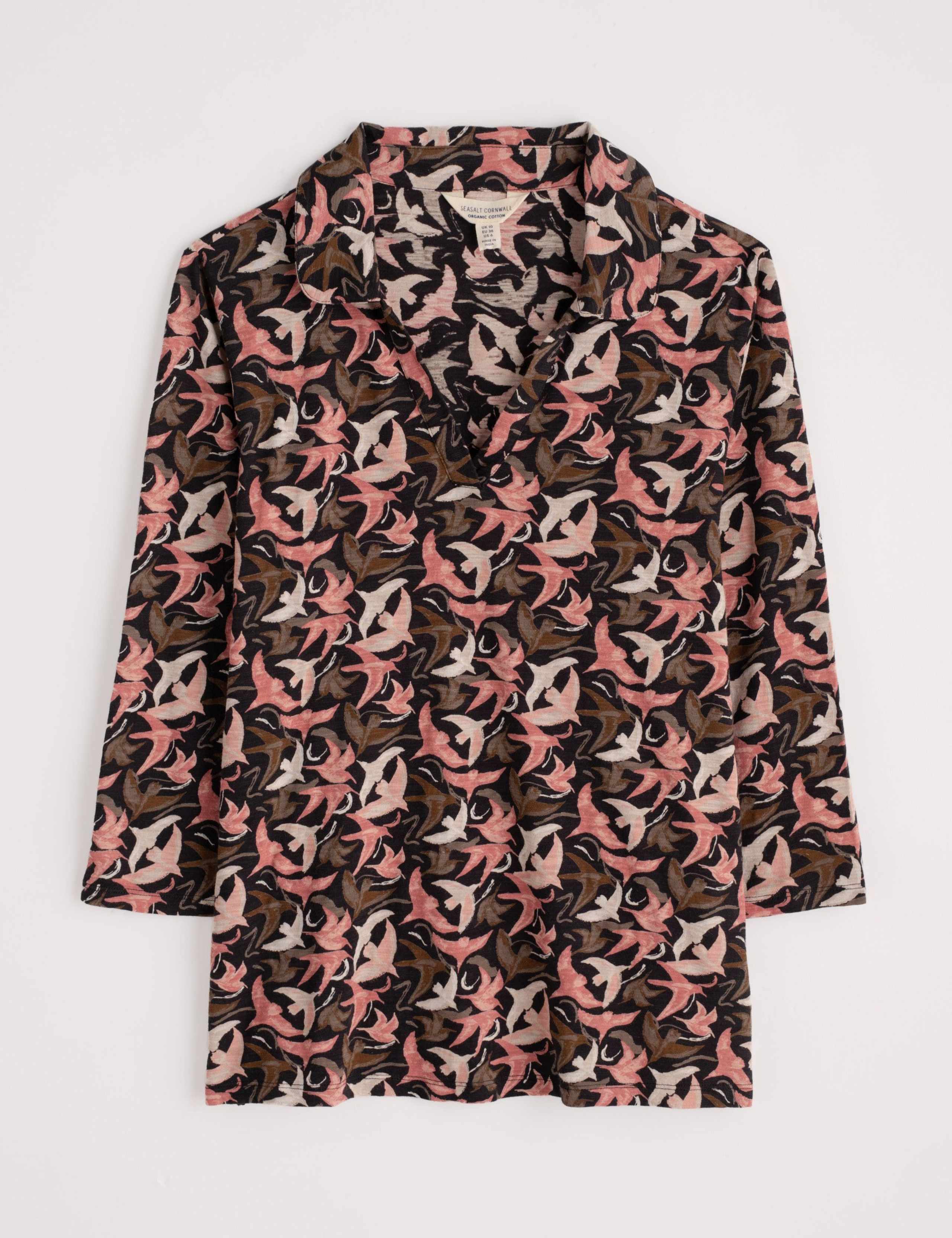 Pure Cotton Bird Print V-Neck Collared Top 2 of 5
