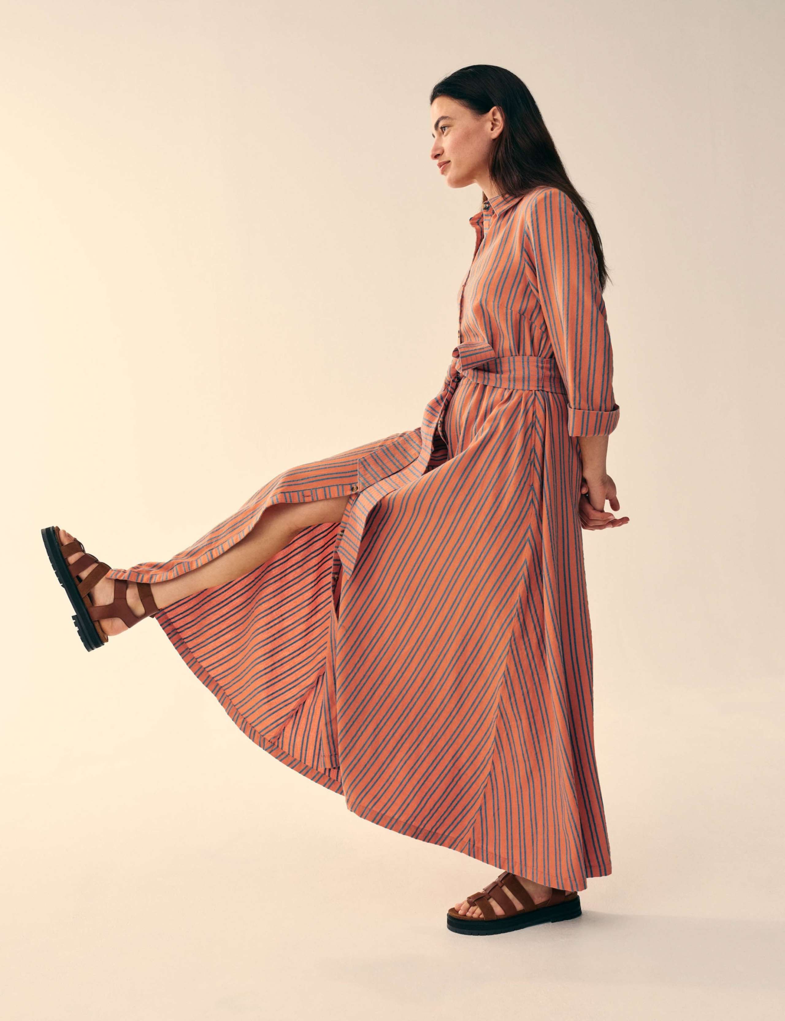 Pure Cotton Striped Belted Maxi Shirt Dress 1 of 6