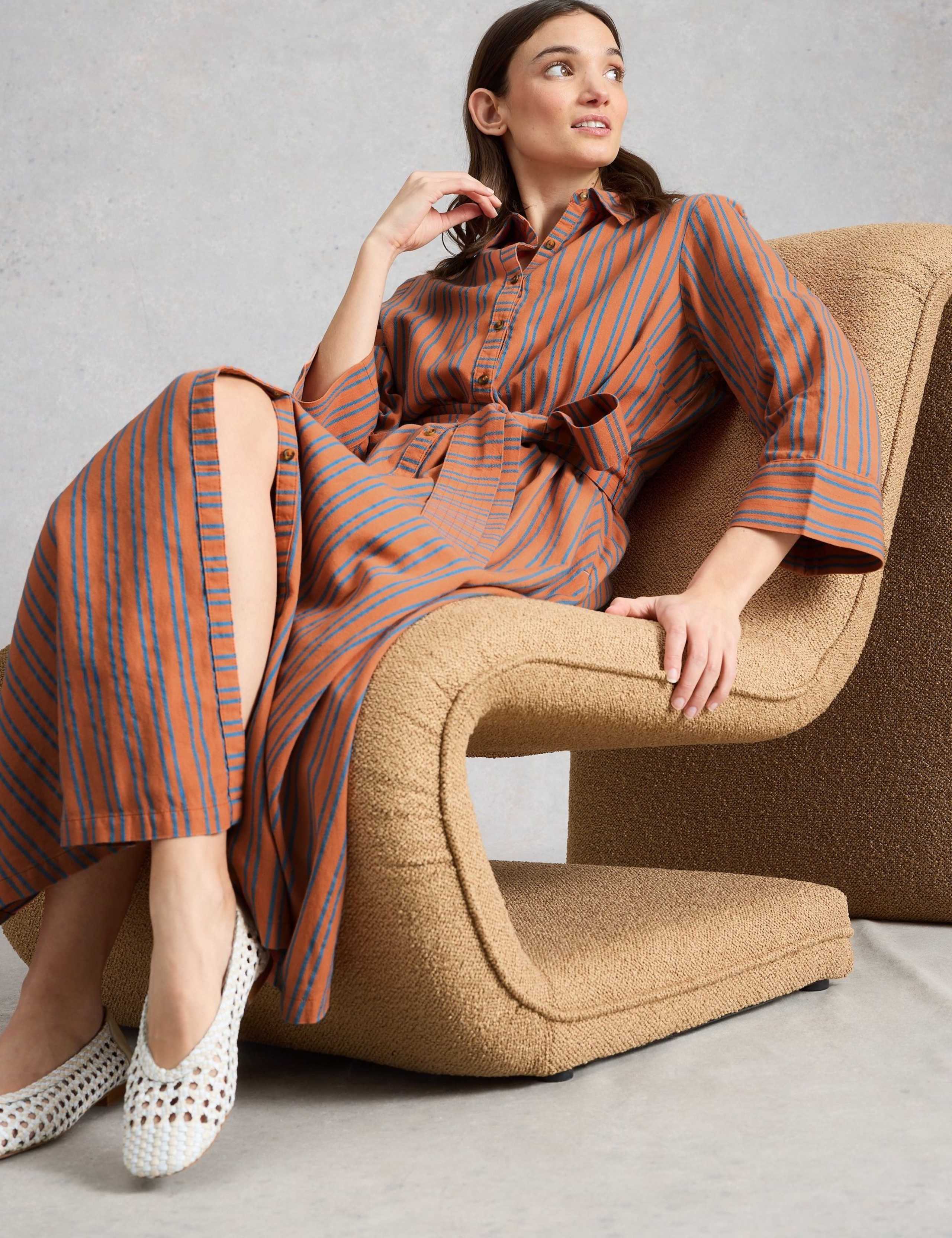 Pure Cotton Striped Belted Maxi Shirt Dress 4 of 6