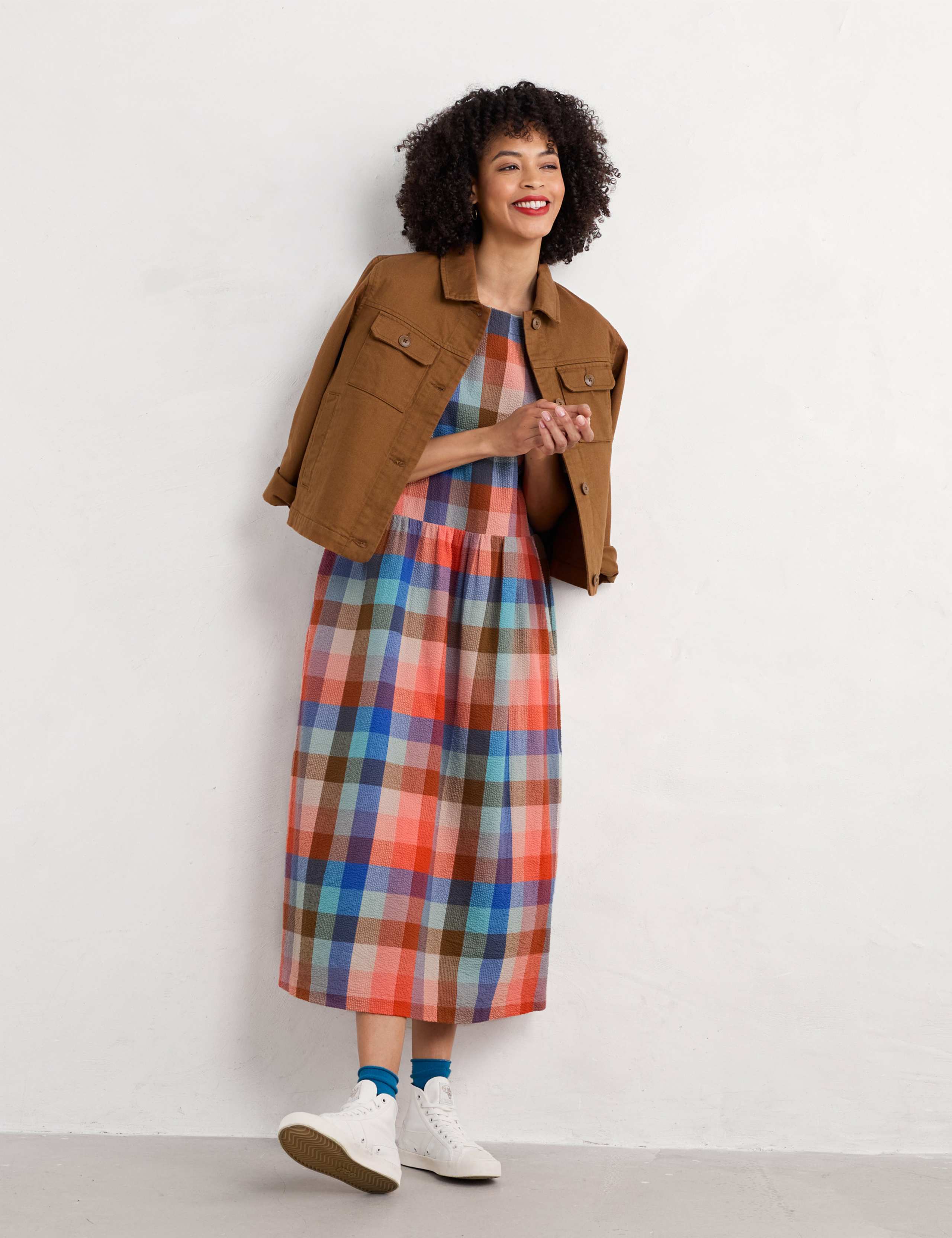 Pure Cotton Checked Midaxi Waisted Dress 3 of 5