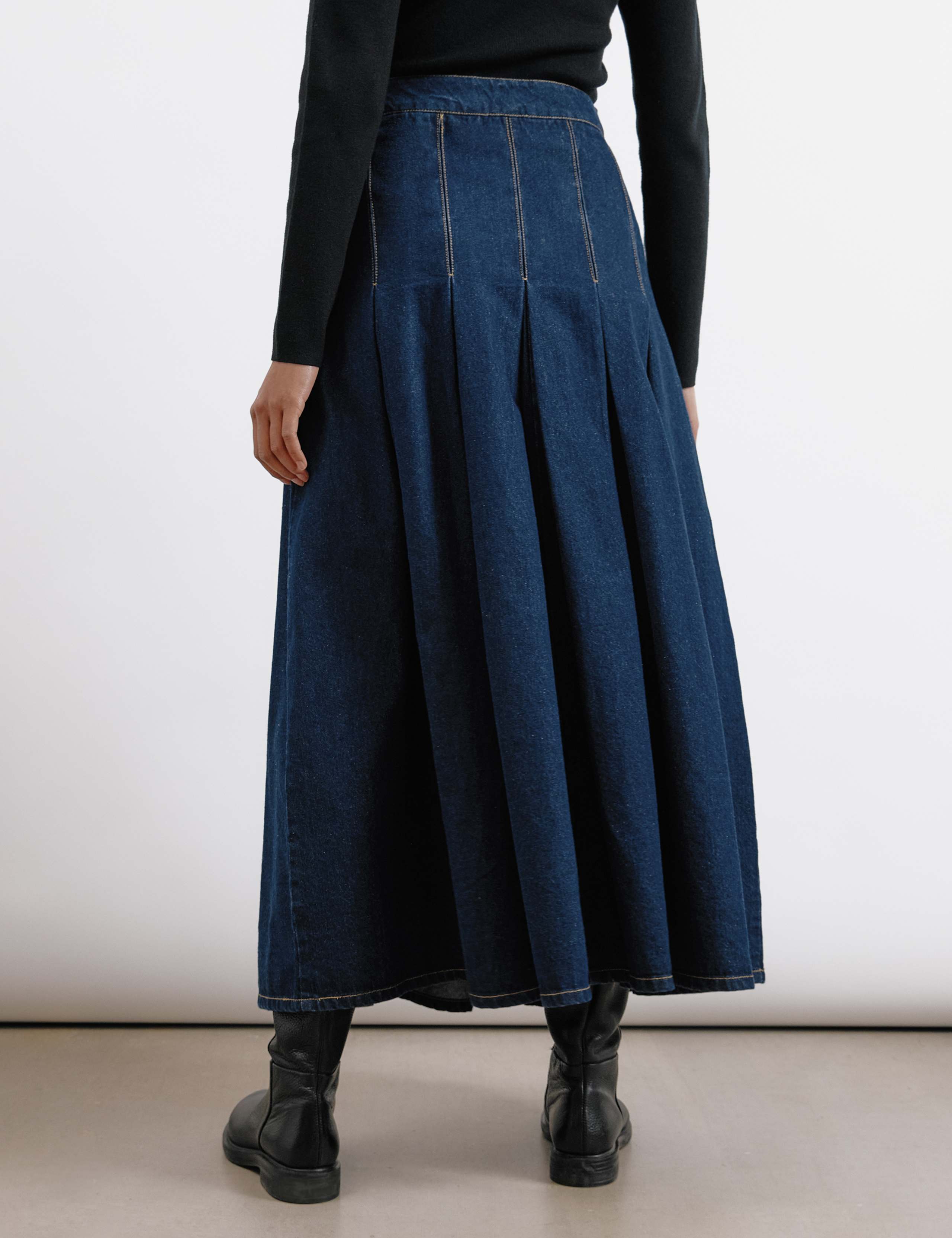 Pure Cotton Denim Pleated Midi A-Line Skirt 4 of 5
