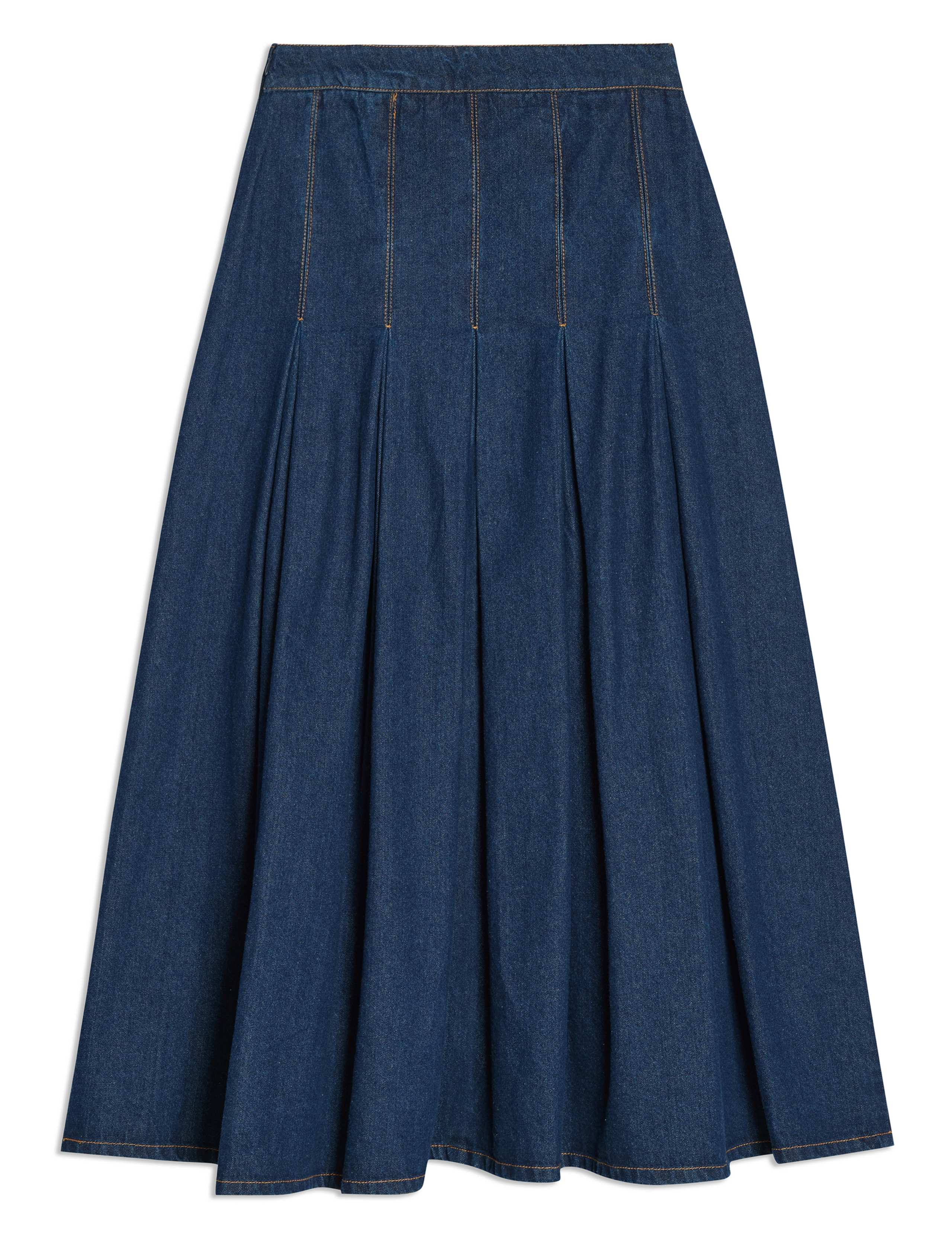 Pure Cotton Denim Pleated Midi A-Line Skirt 2 of 5