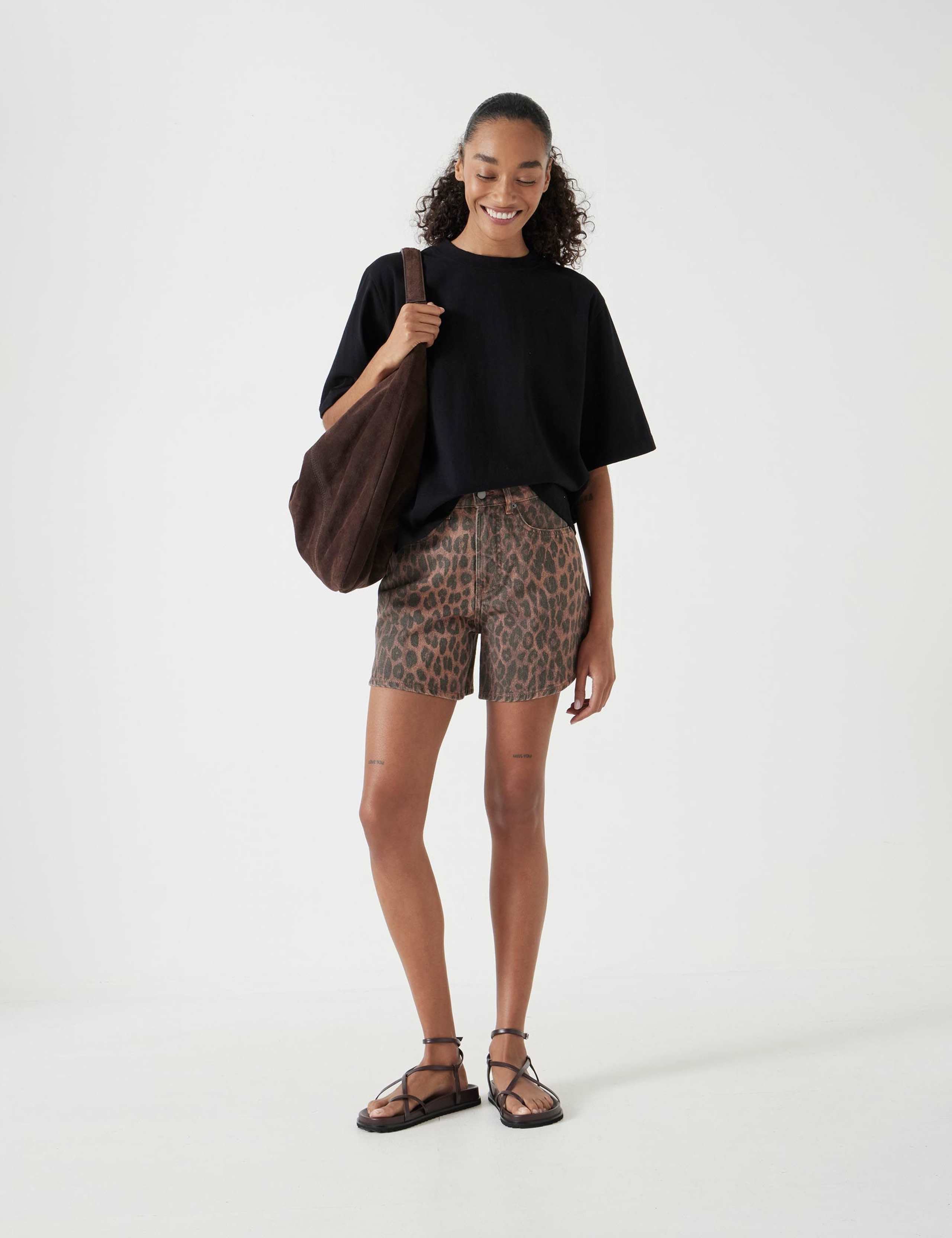 Denim Leopard Print Shorts 3 of 5