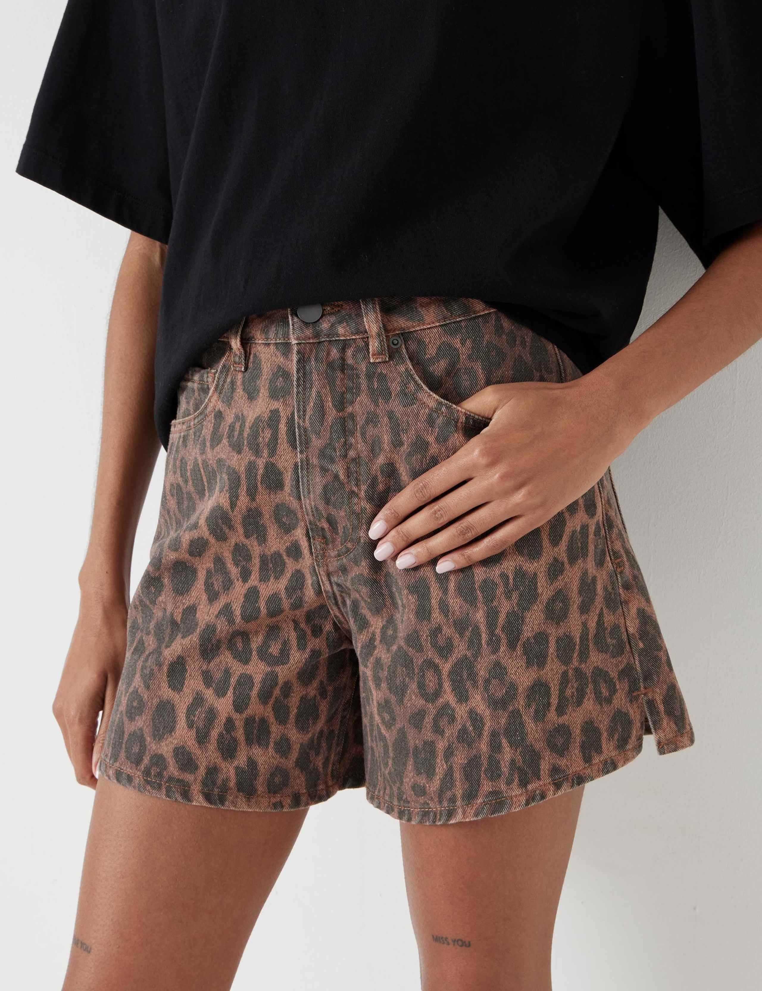 Denim Leopard Print Shorts 5 of 5
