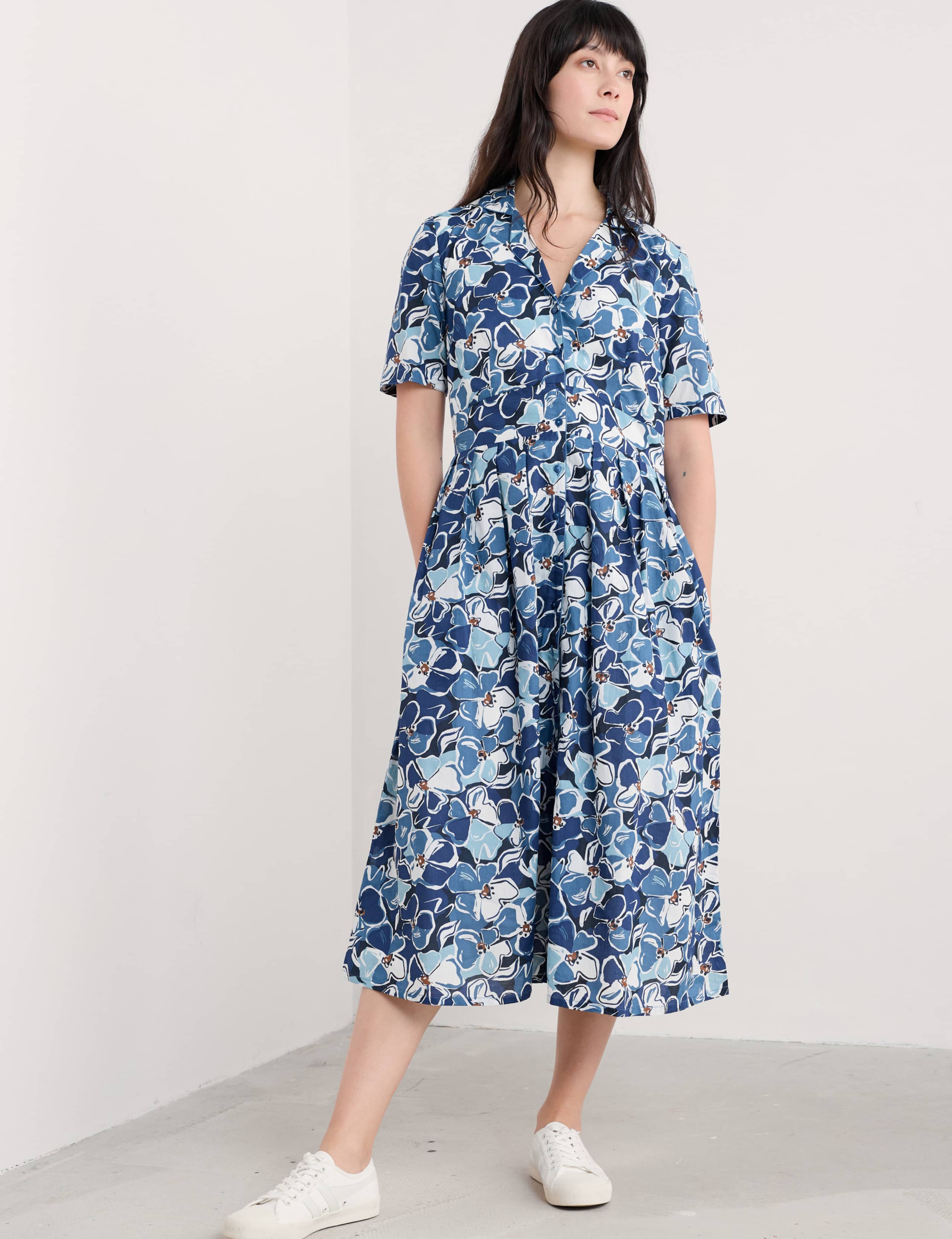 Pure Cotton Floral Midi Waisted Dress 1 of 4