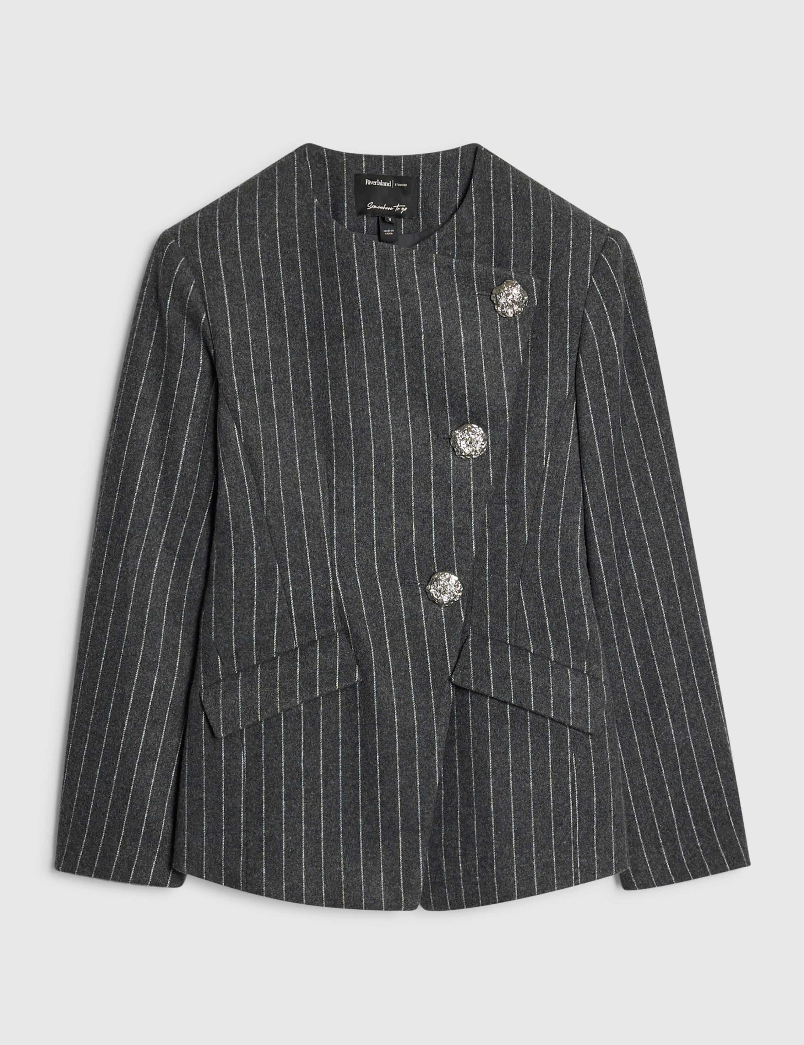 Pinstripe Asymmetric Placket Blazer 2 of 6