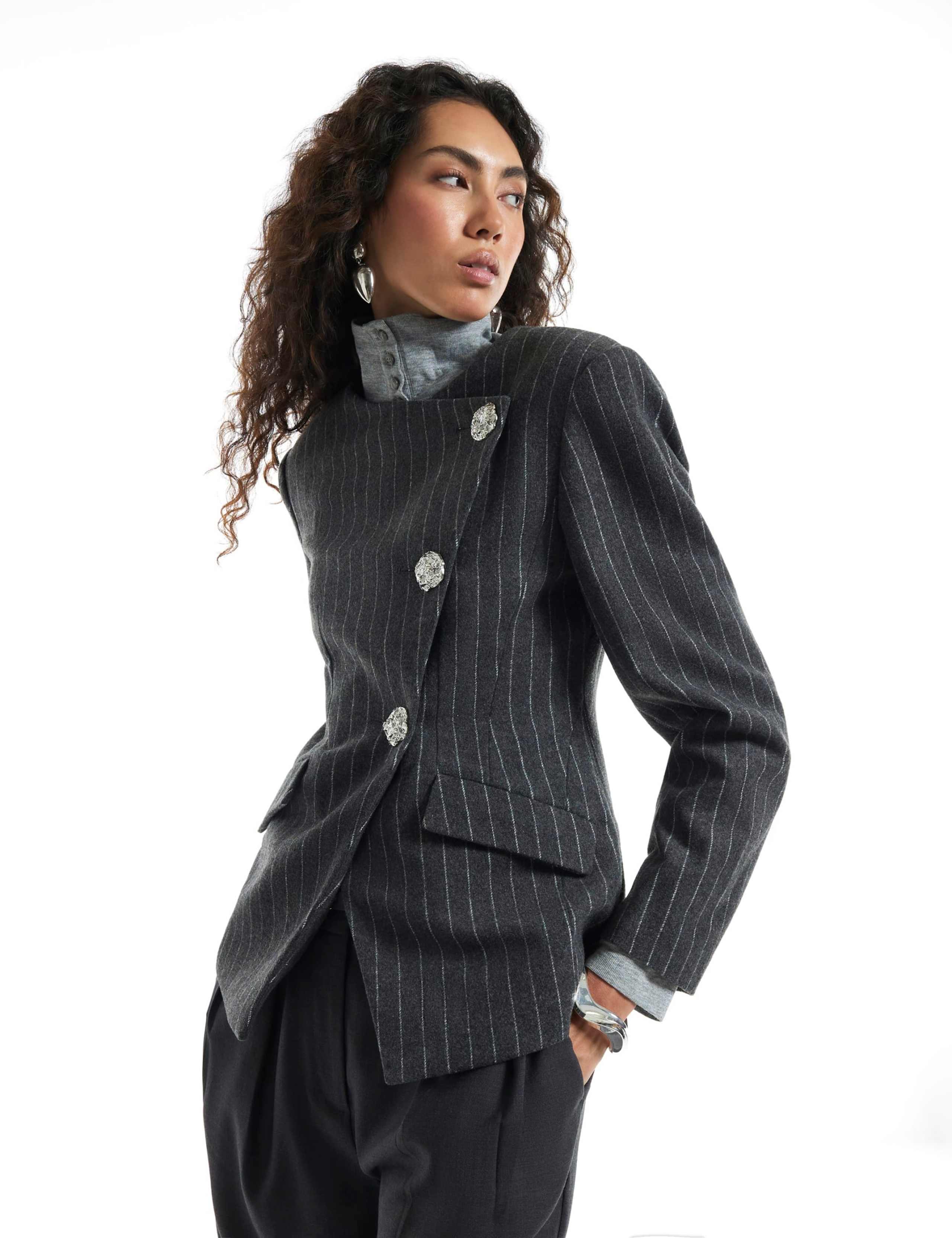 Pinstripe Asymmetric Placket Blazer 3 of 6