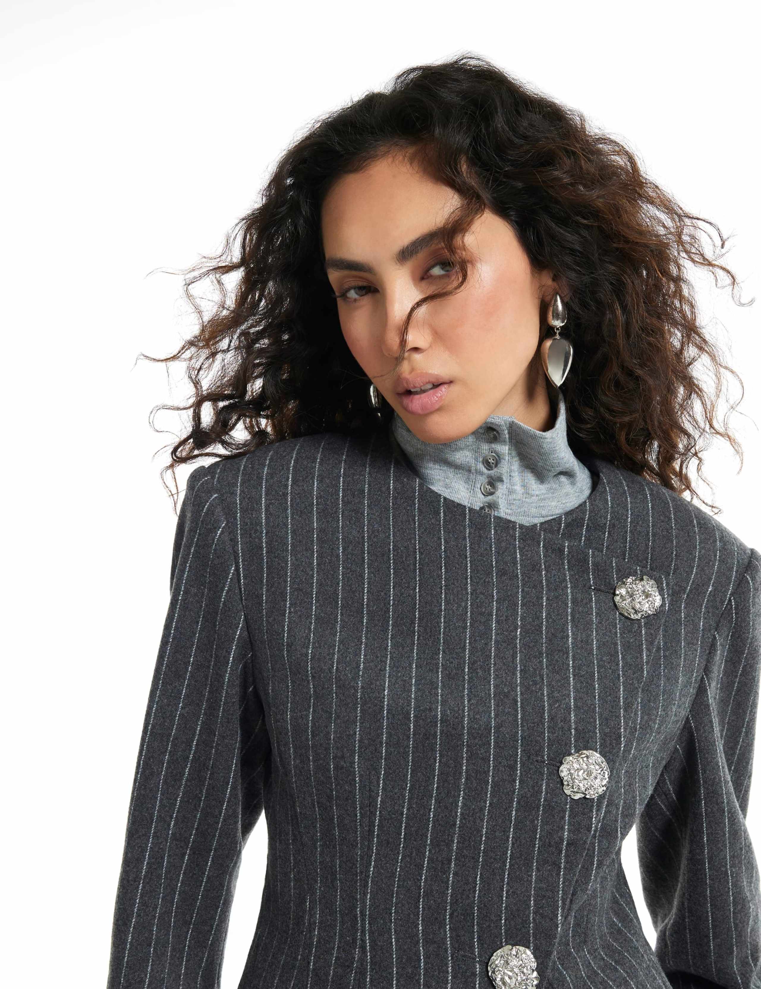 Pinstripe Asymmetric Placket Blazer 4 of 6