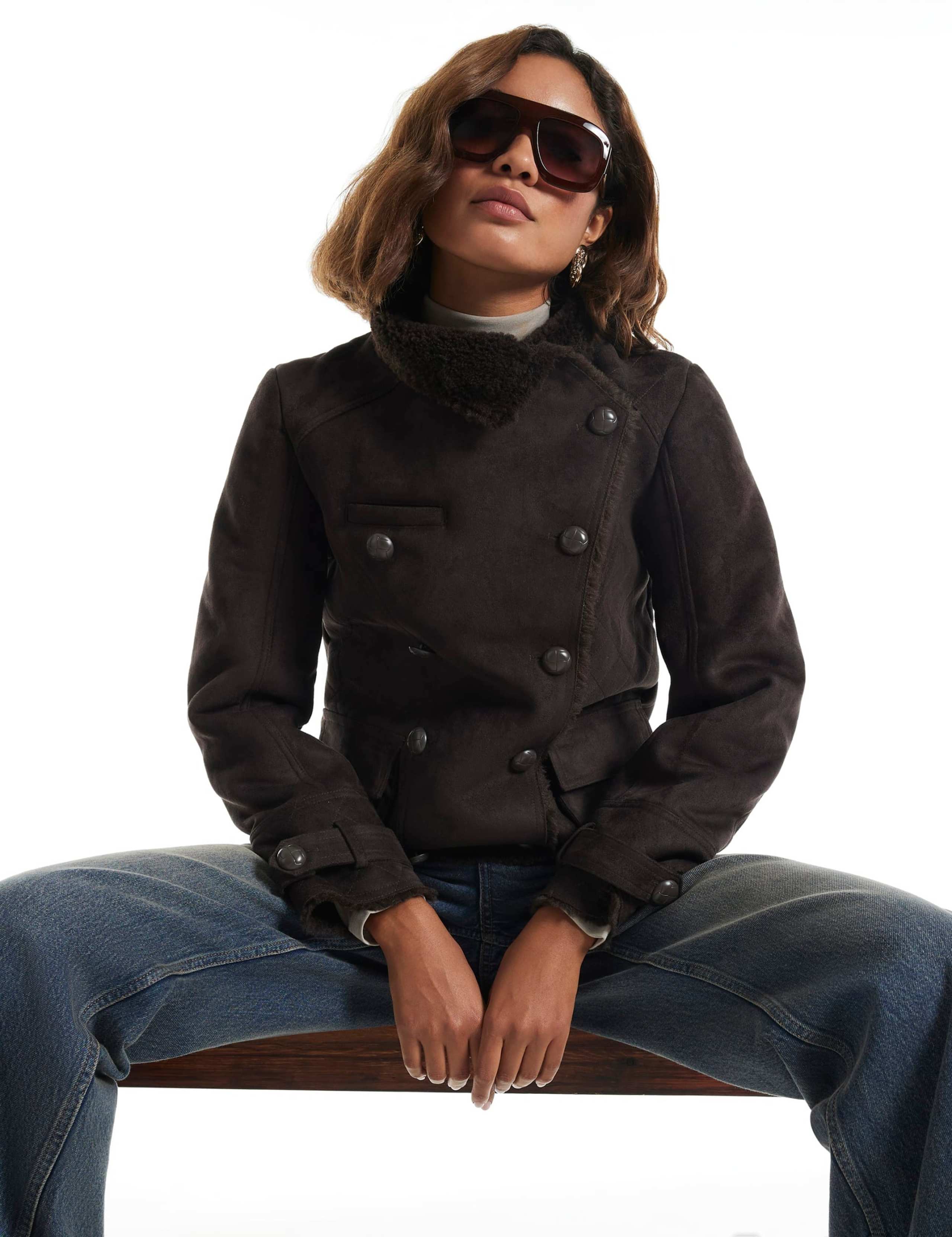Faux Shearling Funnel Neck Military Jacket 1 of 6