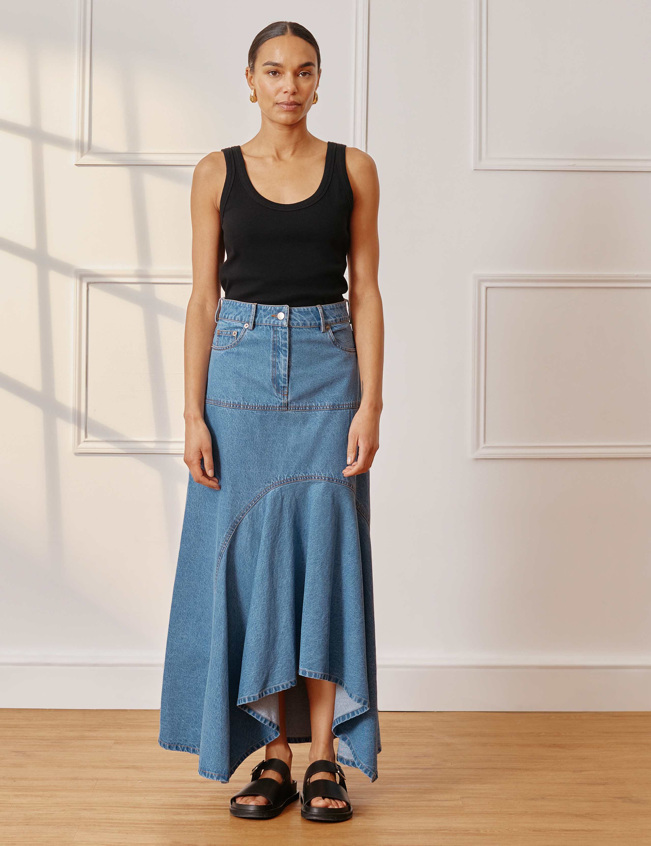 Denim Maxi Asymmetric Skirt 1 of 8