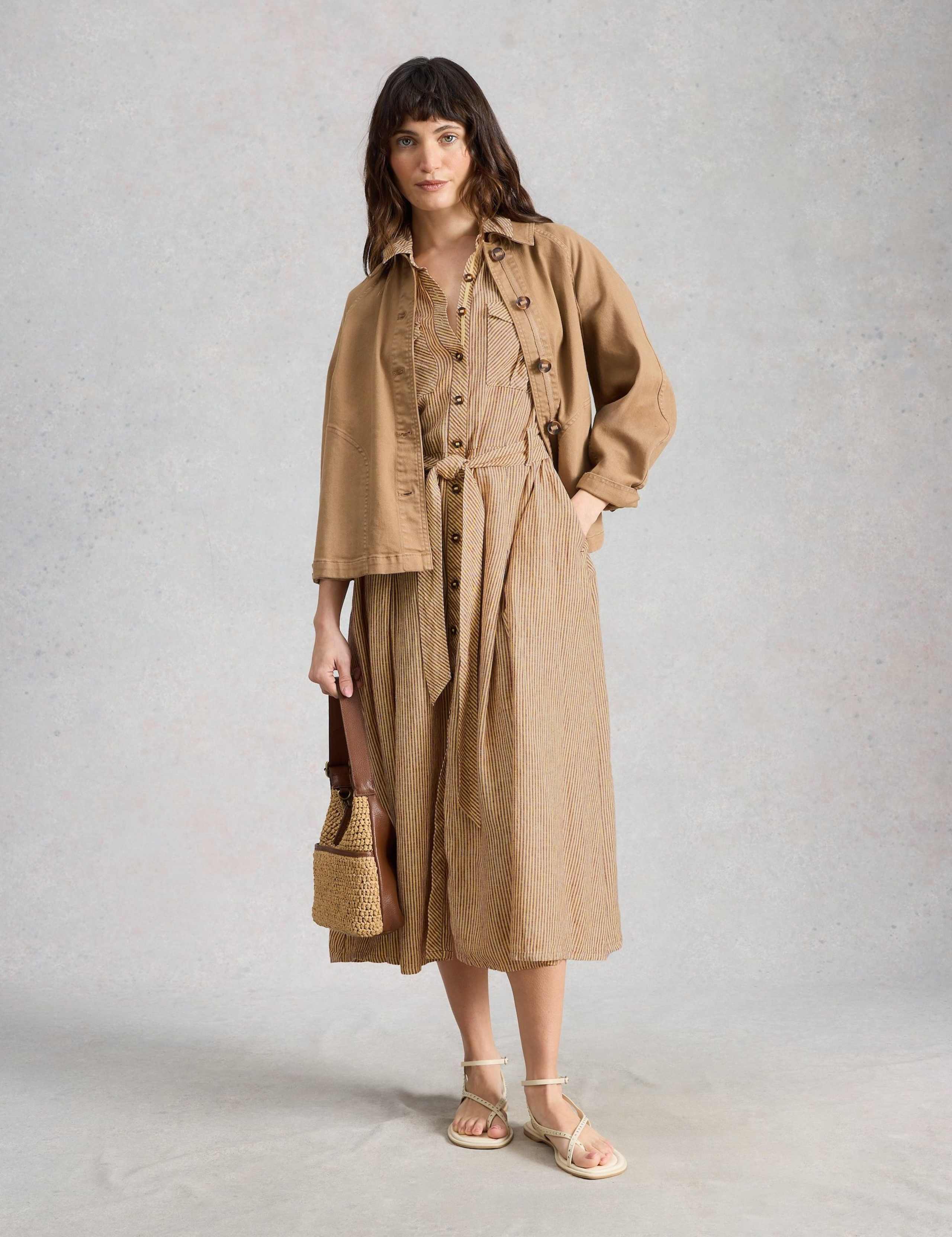 Linen Rich Striped Midi Shirt Dress 1 of 6