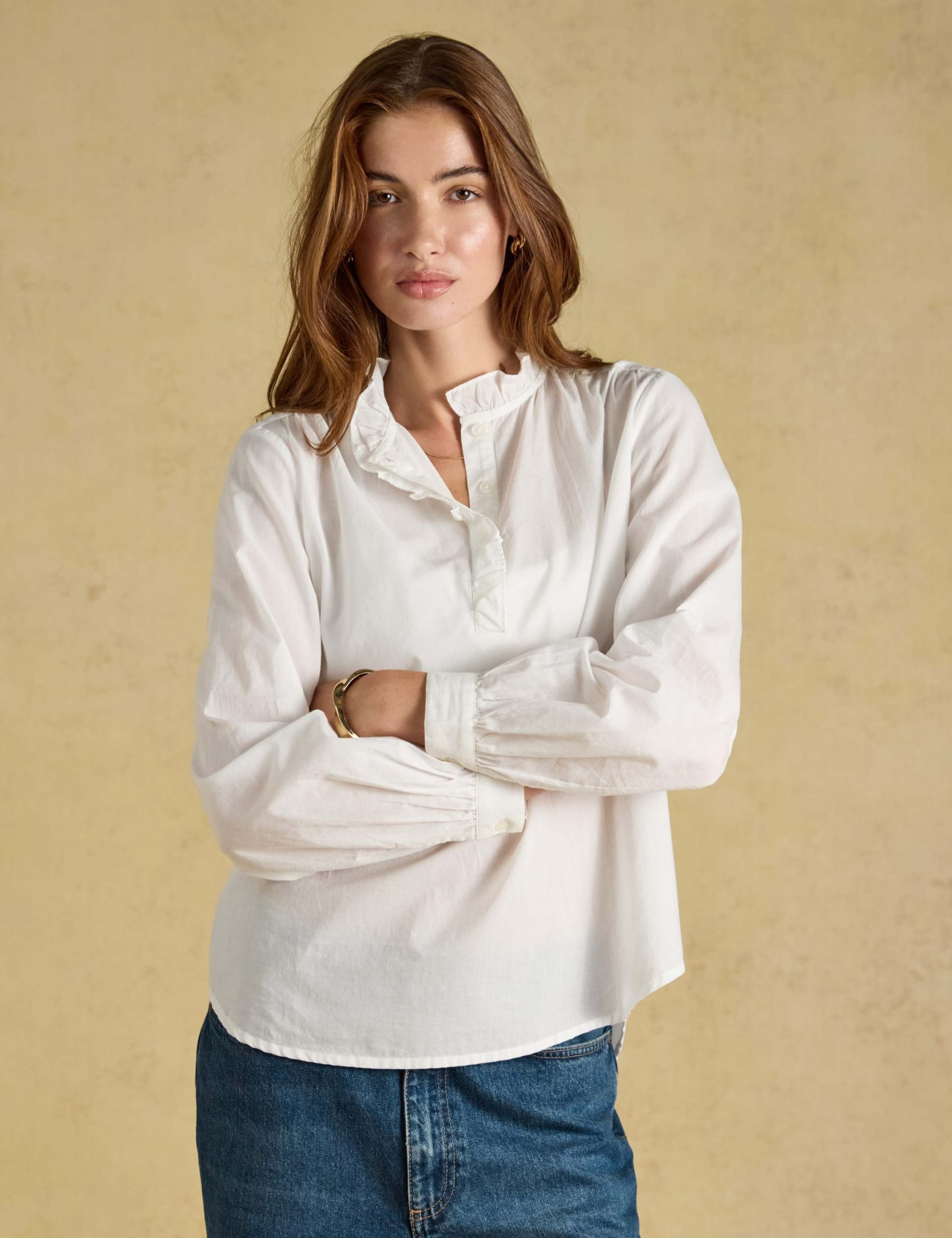 Pure Cotton Ruffle Neck Long Sleeve Blouse 1 of 7