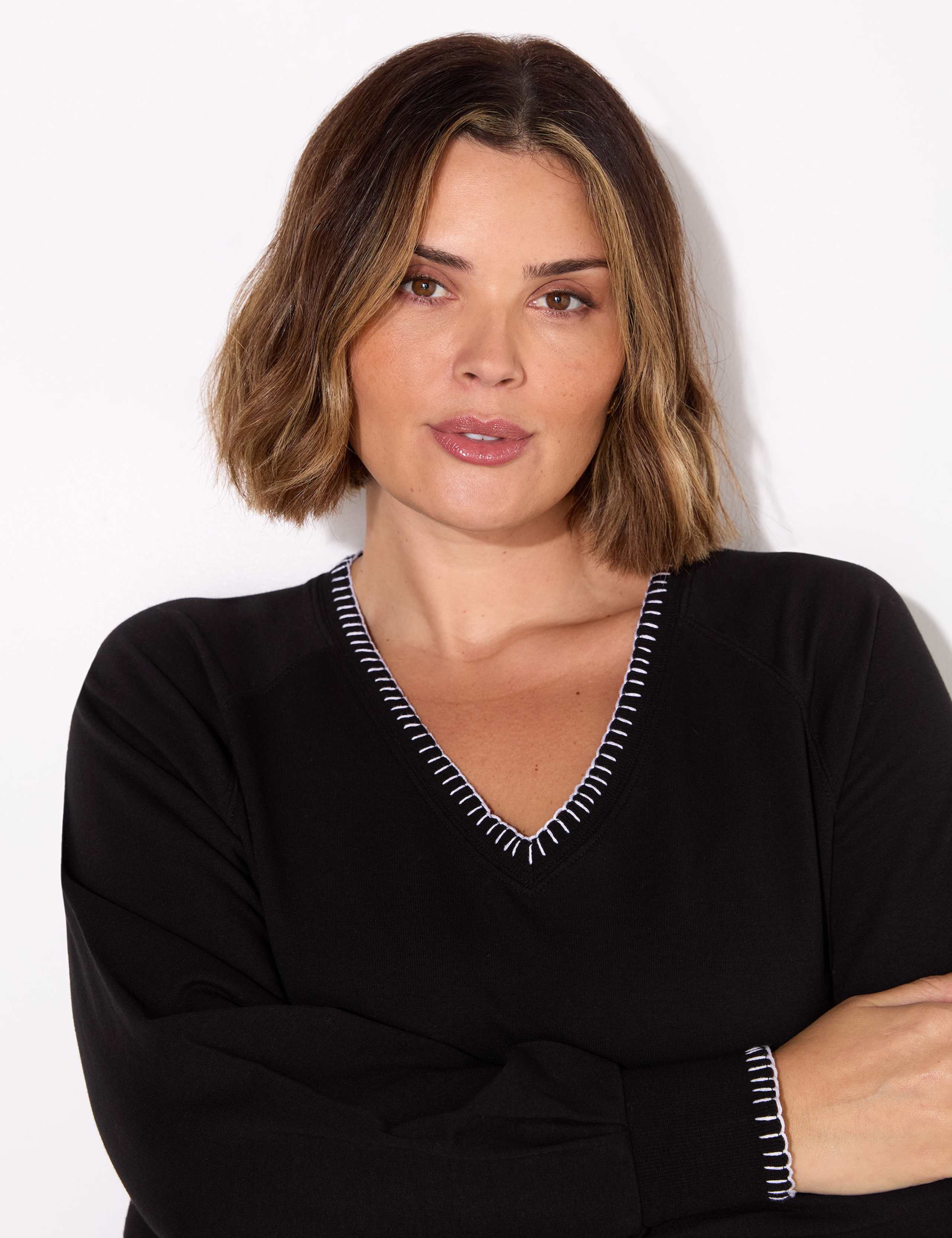 Cotton Rich Blanket Stitch V-Neck Sweatshirt 2 of 4