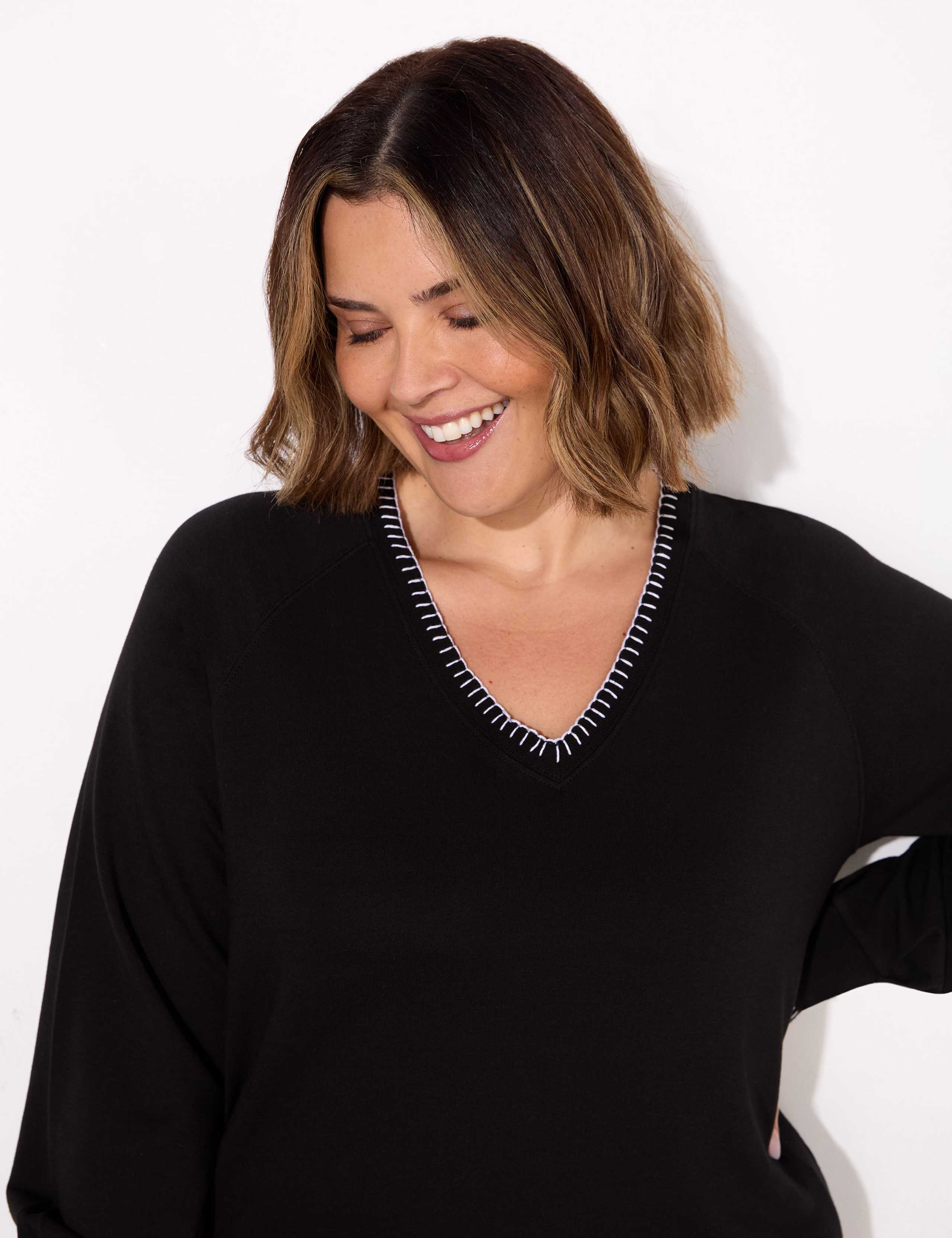 Cotton Rich Blanket Stitch V-Neck Sweatshirt 3 of 4