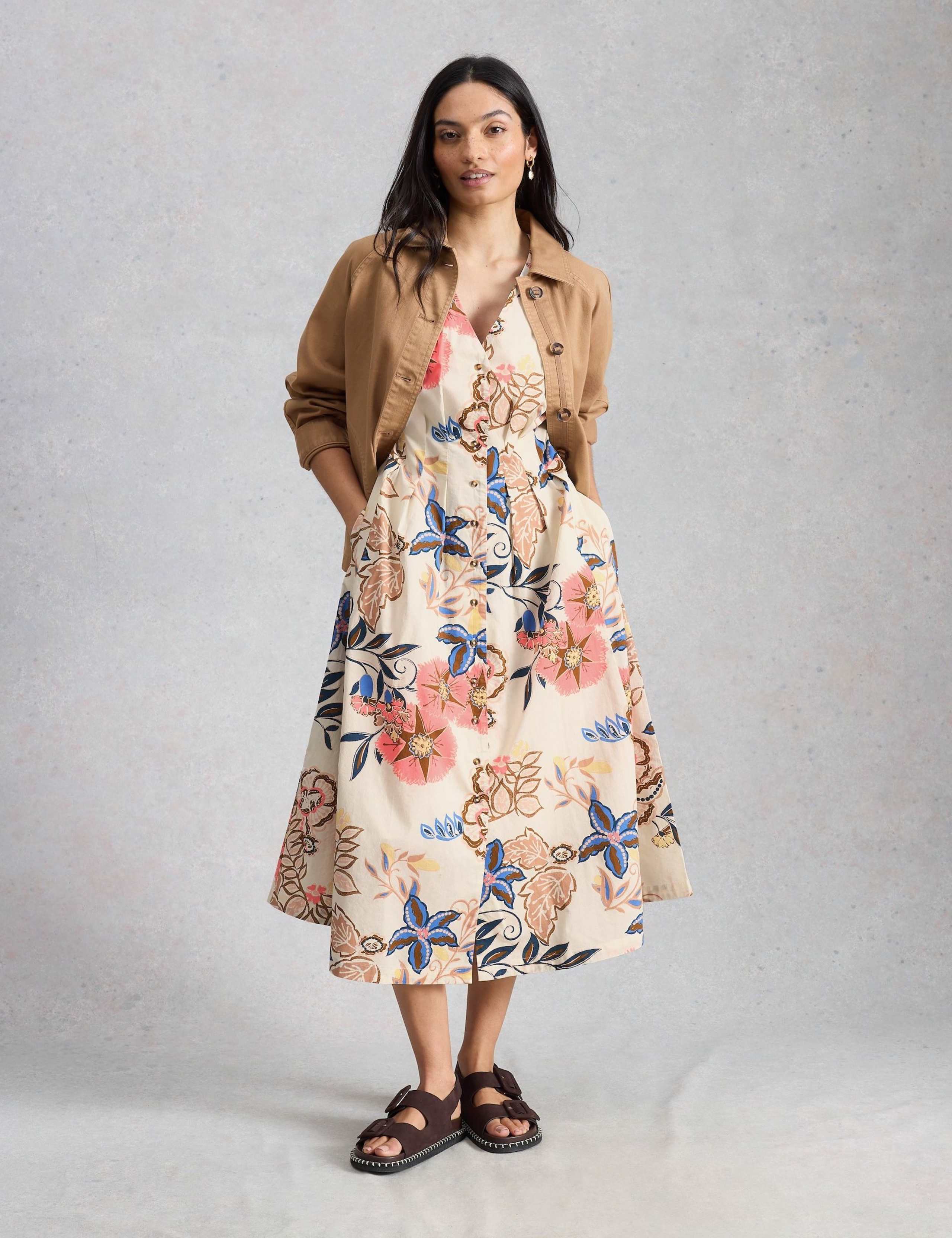 Pure Cotton V-Neck Midi Waisted Dress 1 of 6