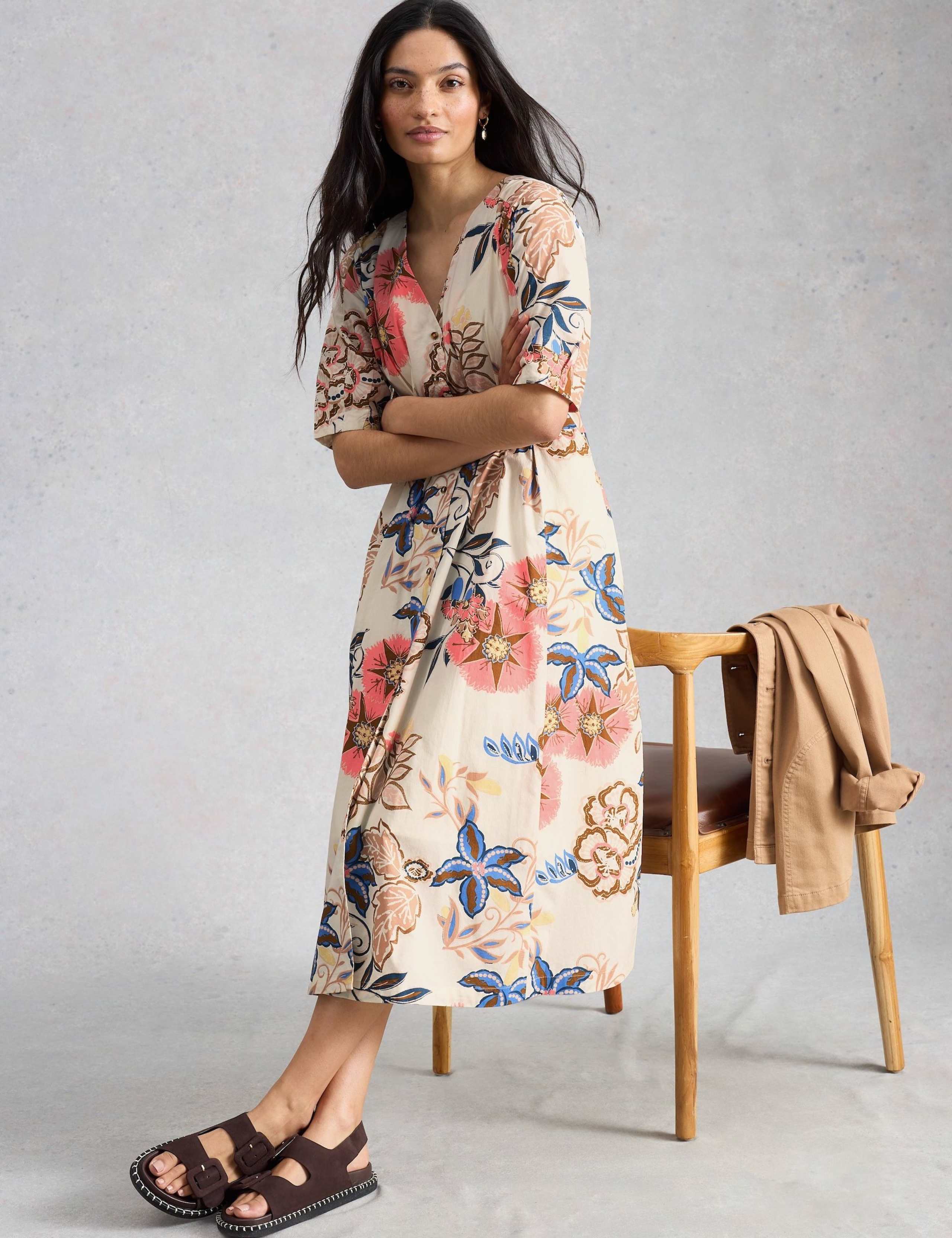 Pure Cotton V-Neck Midi Waisted Dress 3 of 6