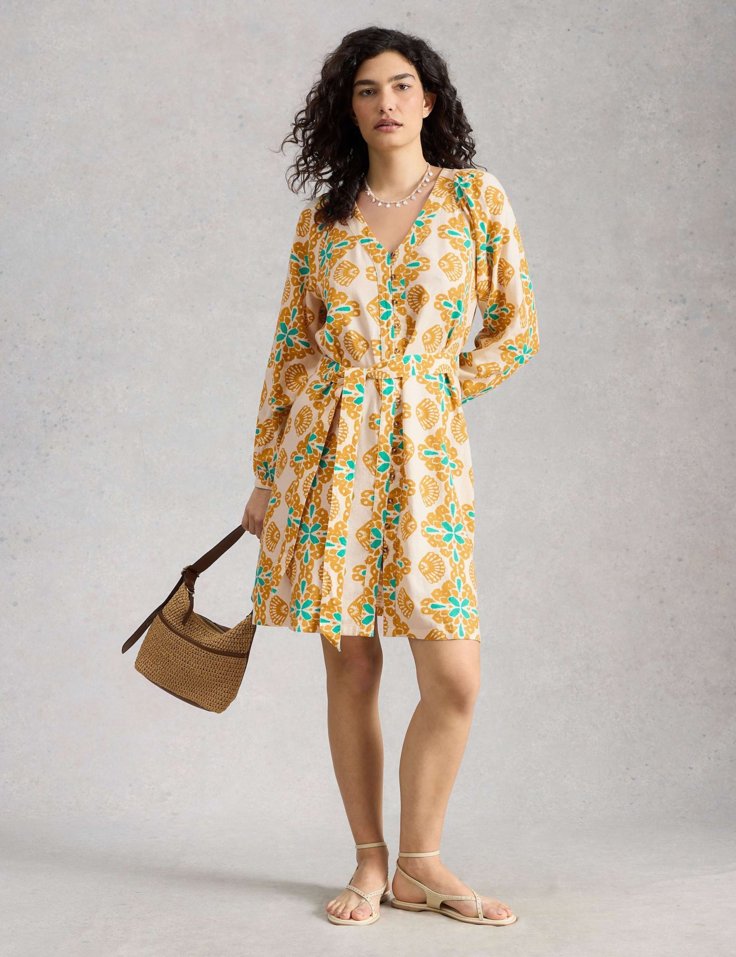 Linen Rich Floral V-Neck Mini Waisted Dress 1 of 6