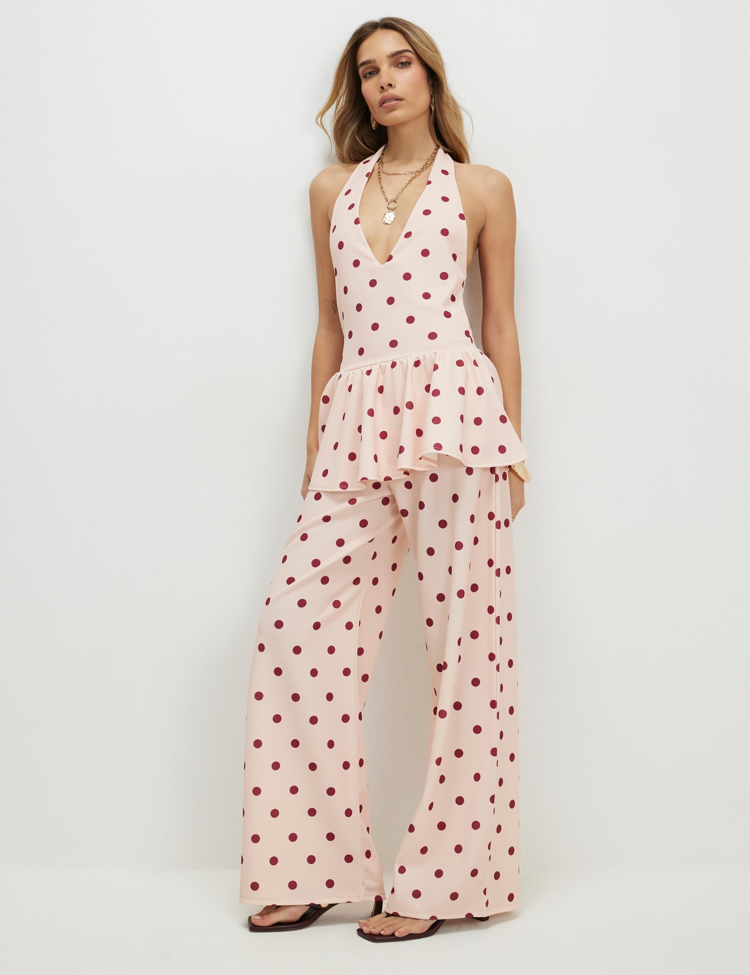 Polka Dot Halter Neck Peplum Top 2 of 4