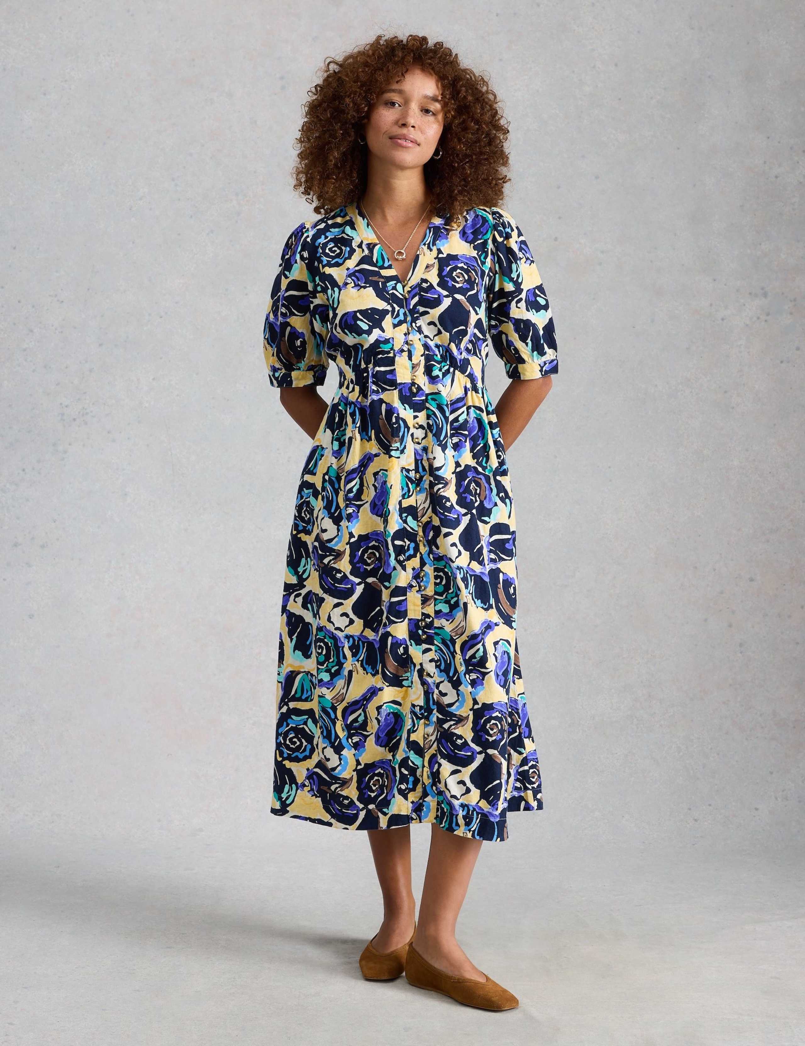 Linen Rich Floral Midi Waisted Dress 1 of 6