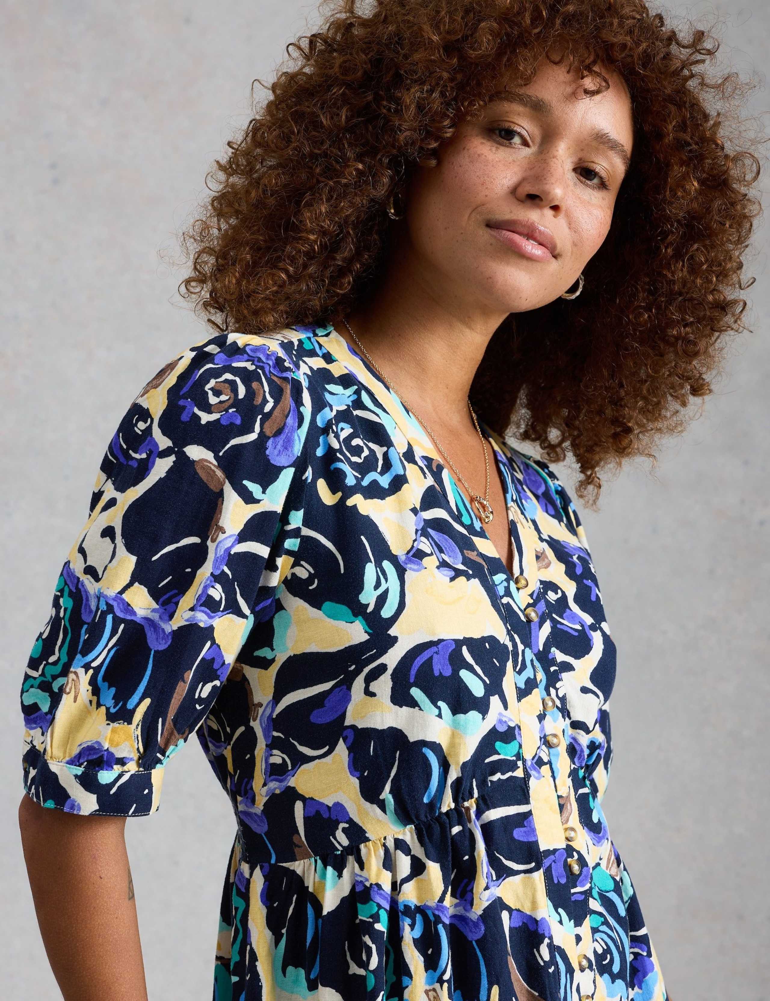 Linen Rich Floral Midi Waisted Dress 5 of 6