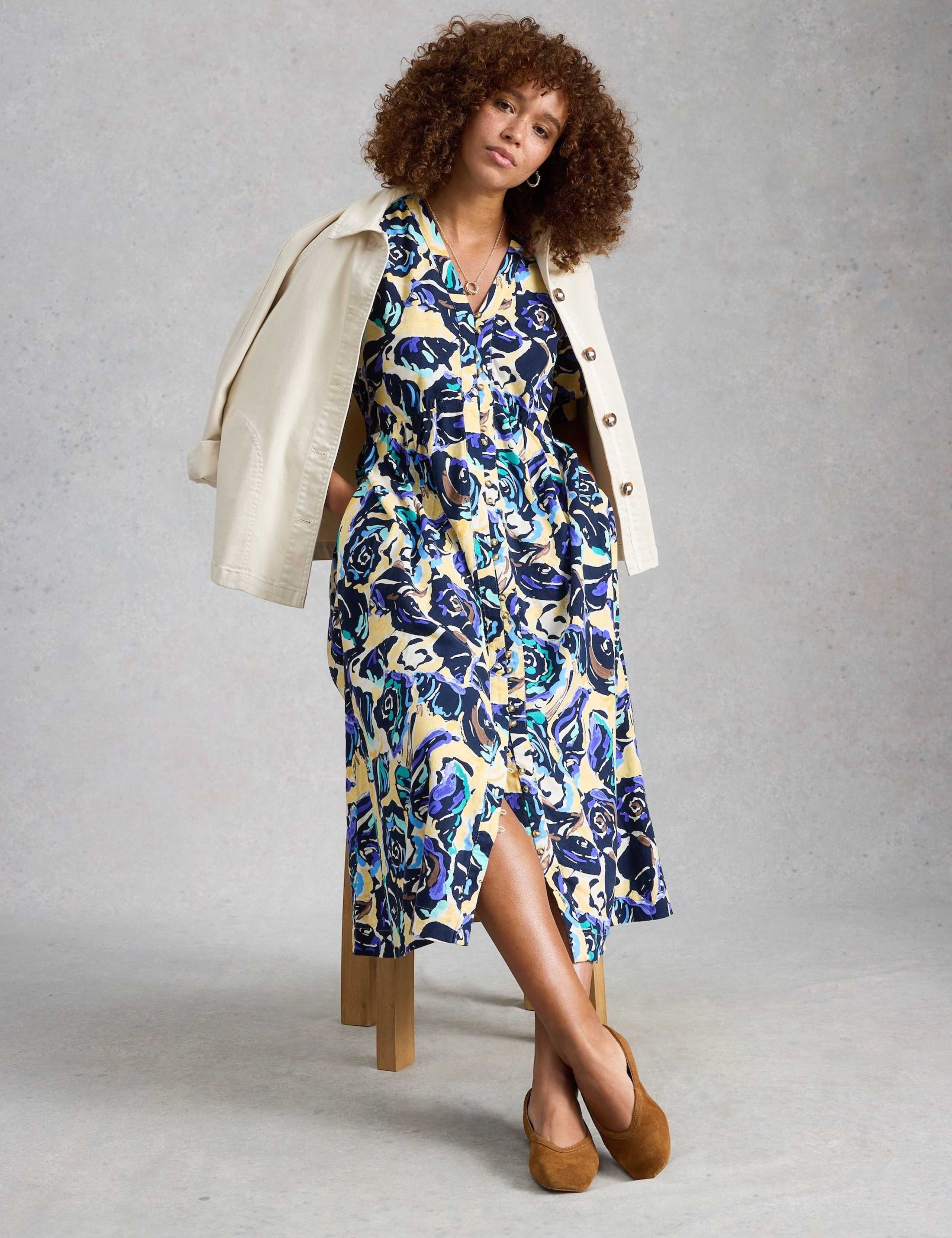 Linen Rich Floral Midi Waisted Dress 6 of 6