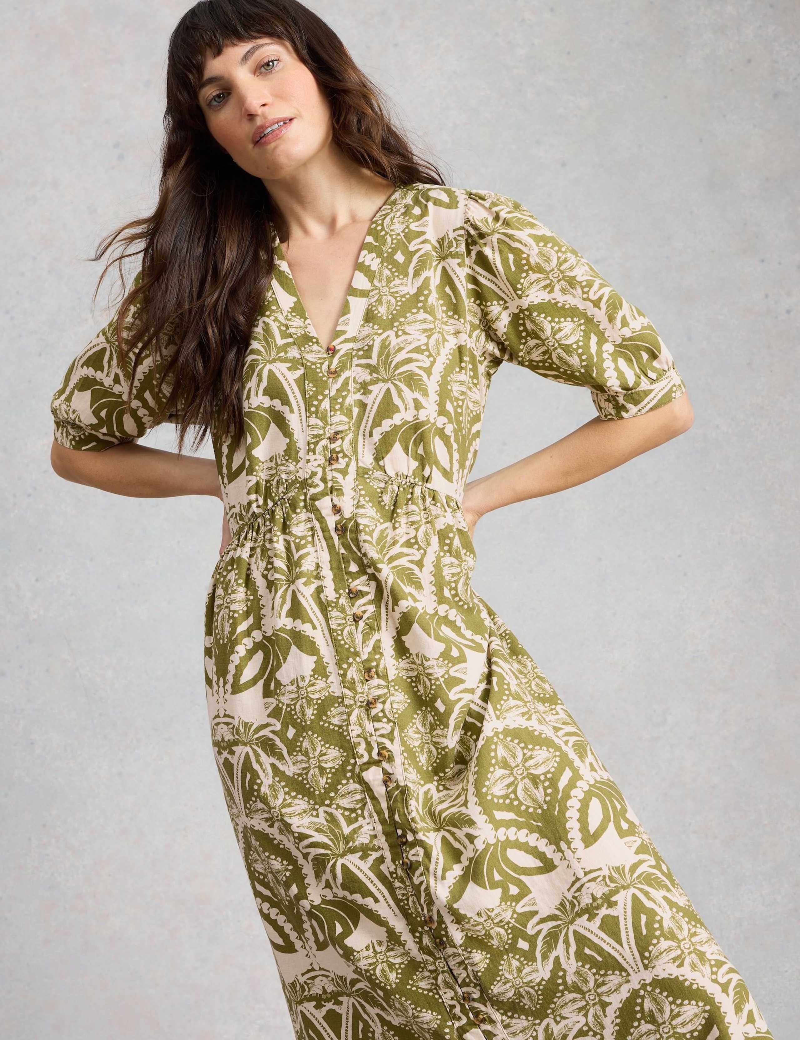 Linen Rich Floral Midi Waisted Dress 4 of 6
