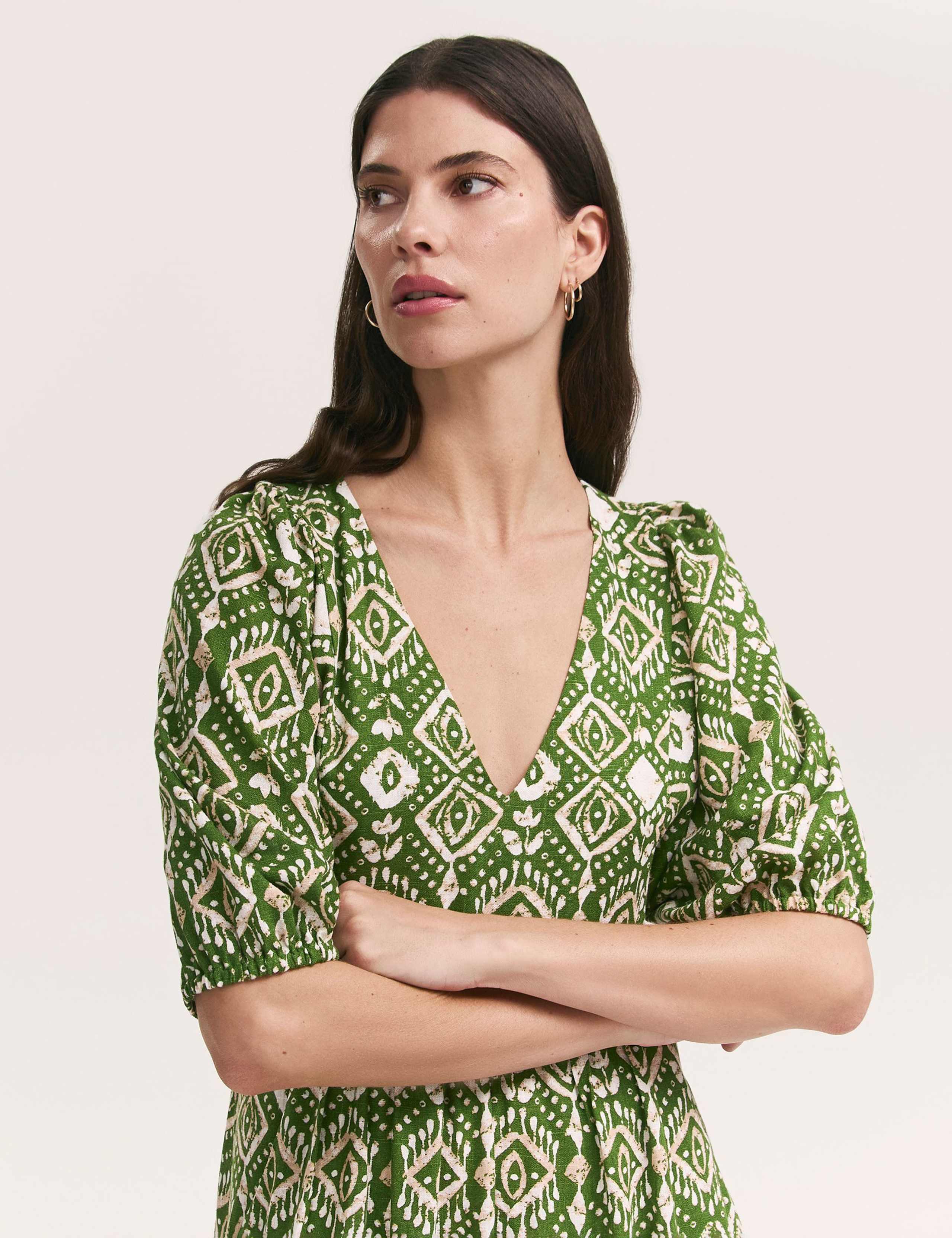 Printed V-Neck Midaxi Smock Dress with Linen 4 of 4