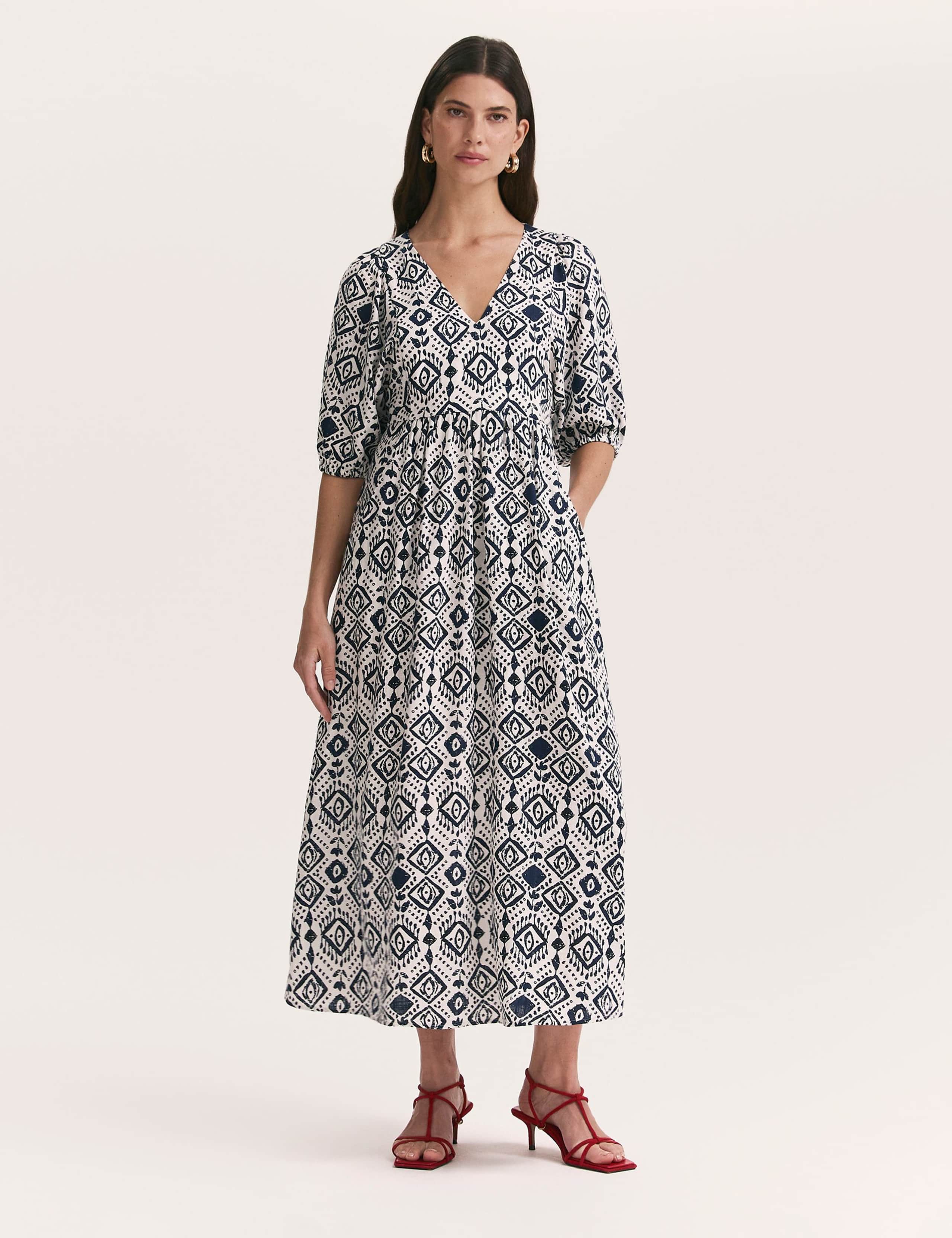 Printed V-Neck Midaxi Smock Dress with Linen 1 of 4