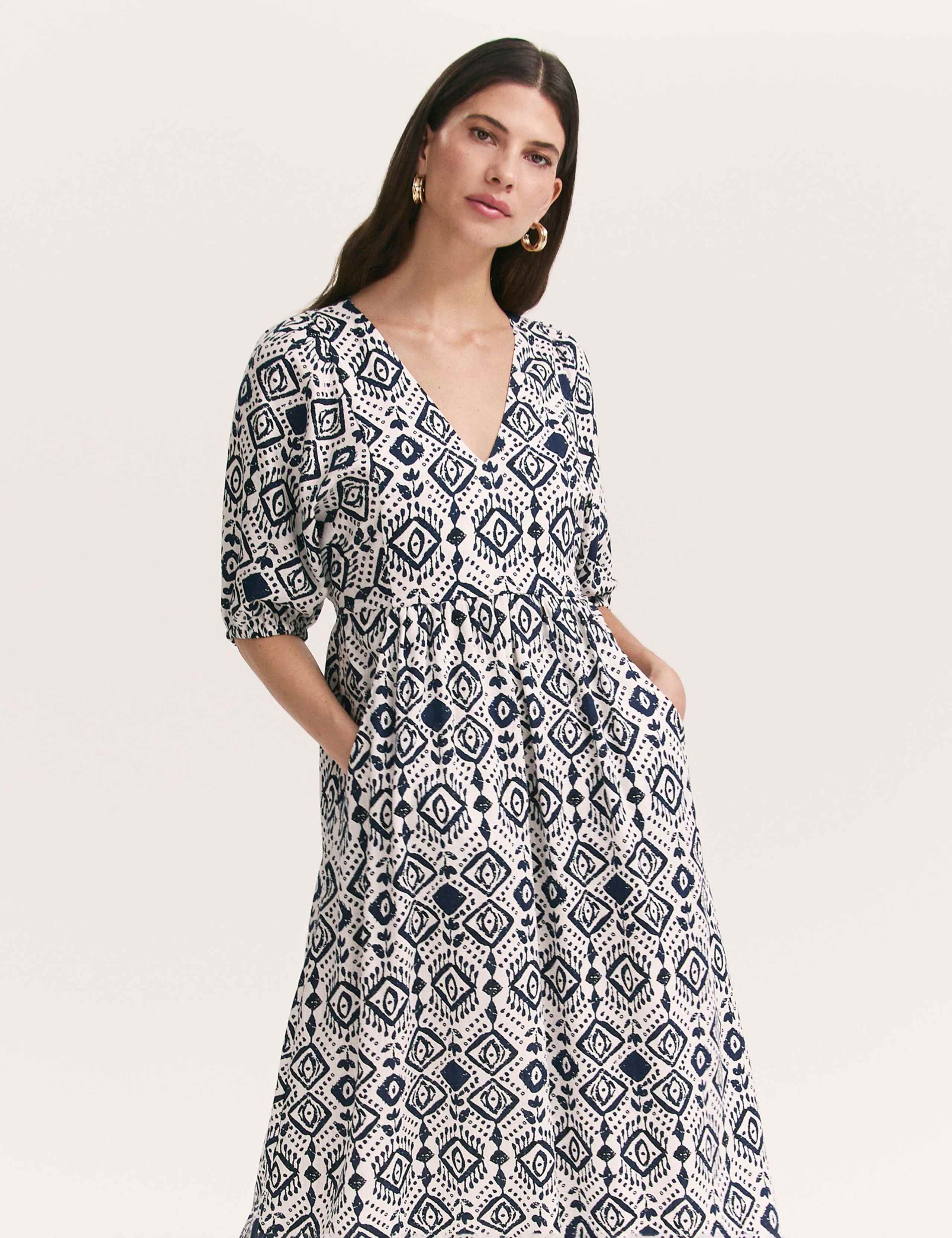 Printed V-Neck Midaxi Smock Dress with Linen 3 of 4