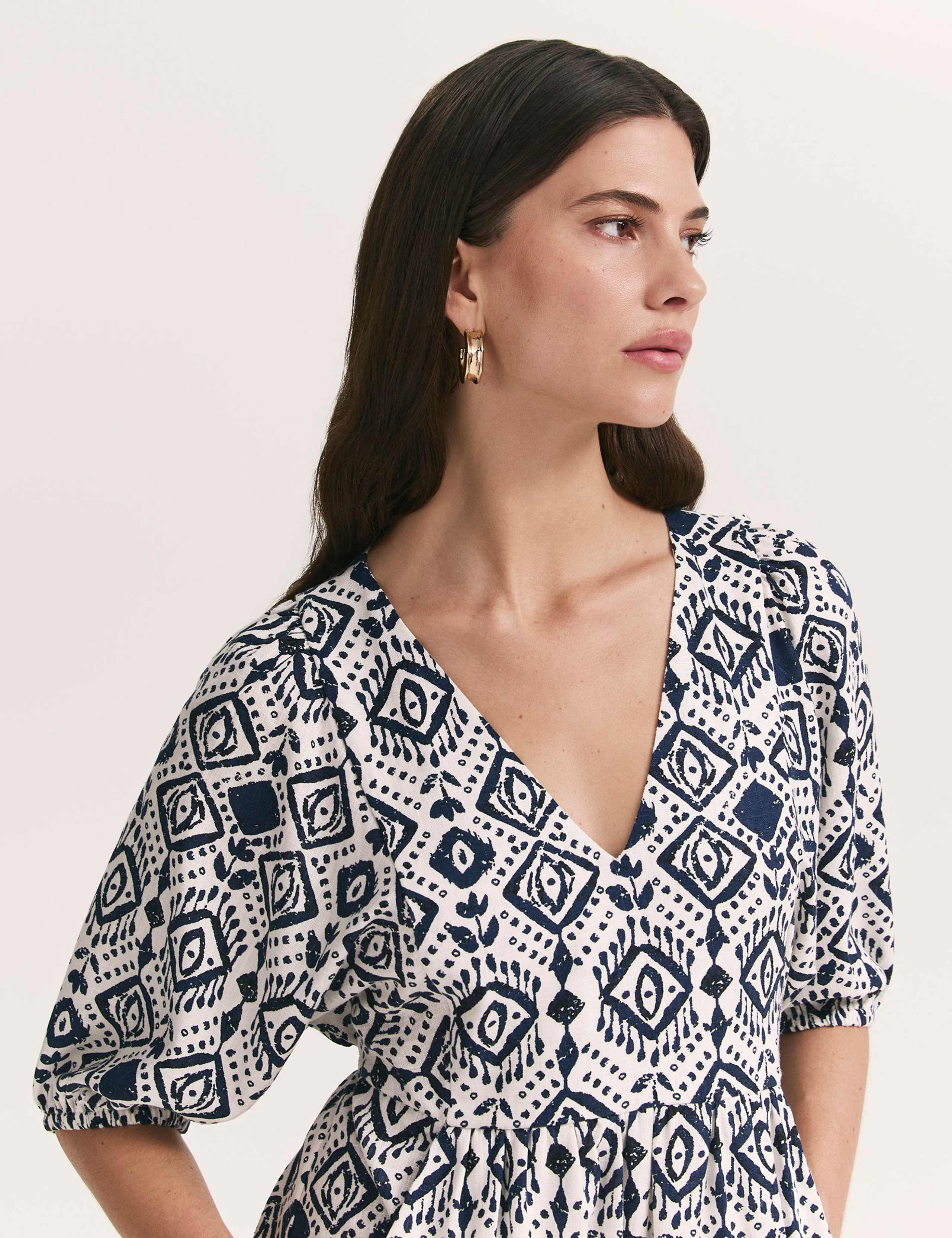 Printed V-Neck Midaxi Smock Dress with Linen 4 of 4