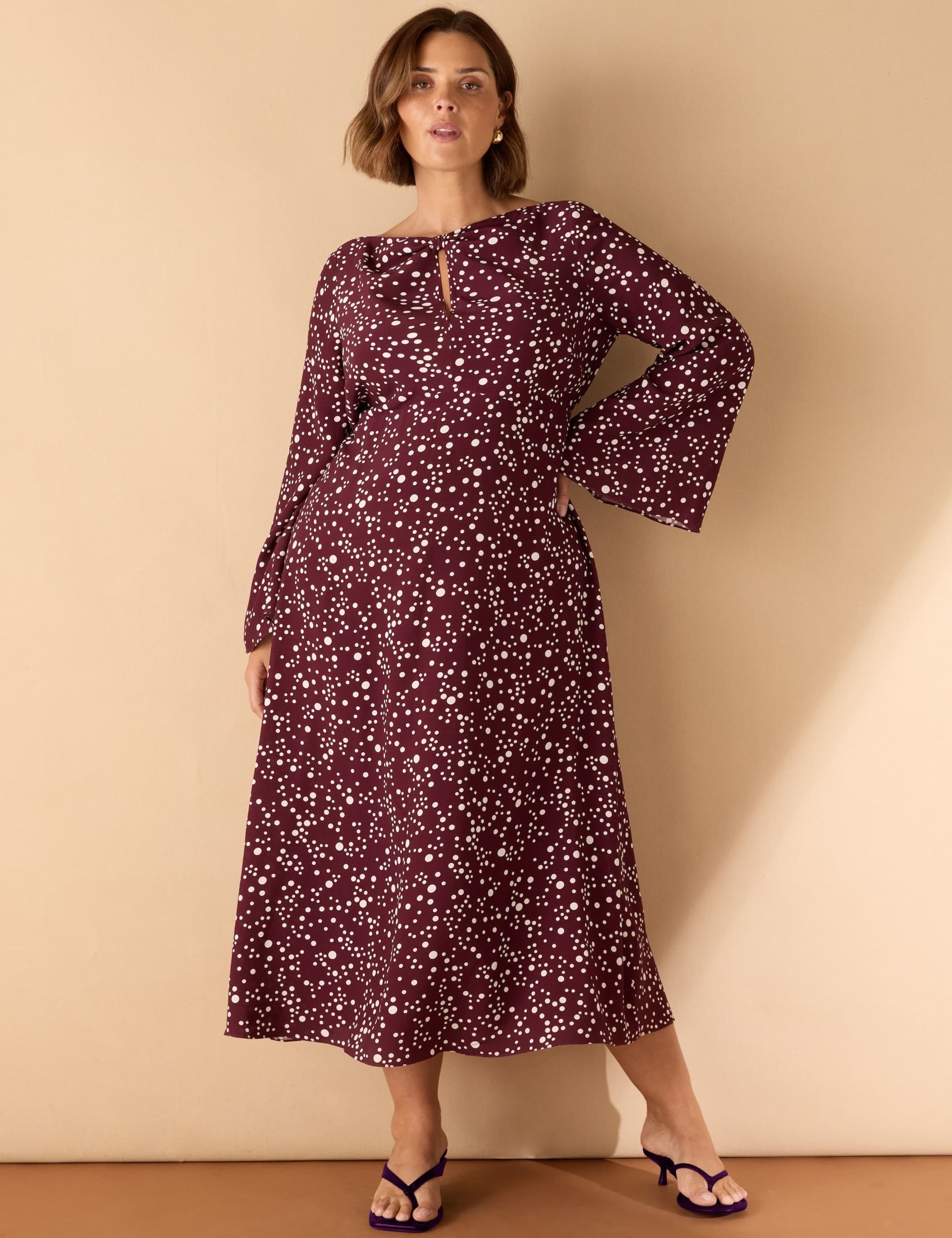 Spot Print Twist Neck Keyhole Midaxi Tea Dress 1 of 3