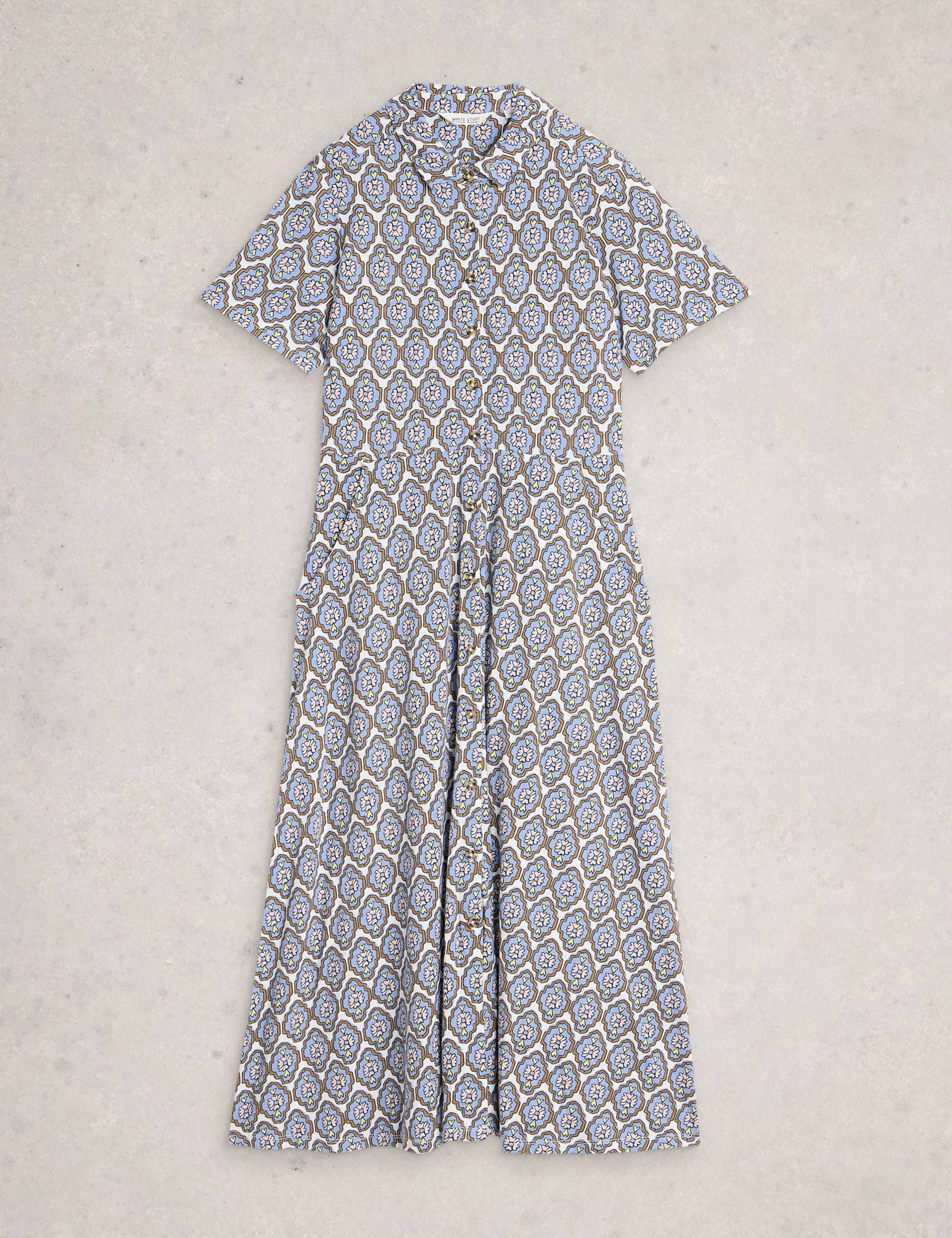 Jersey Floral Collared Midi Shirt Dress 2 of 6