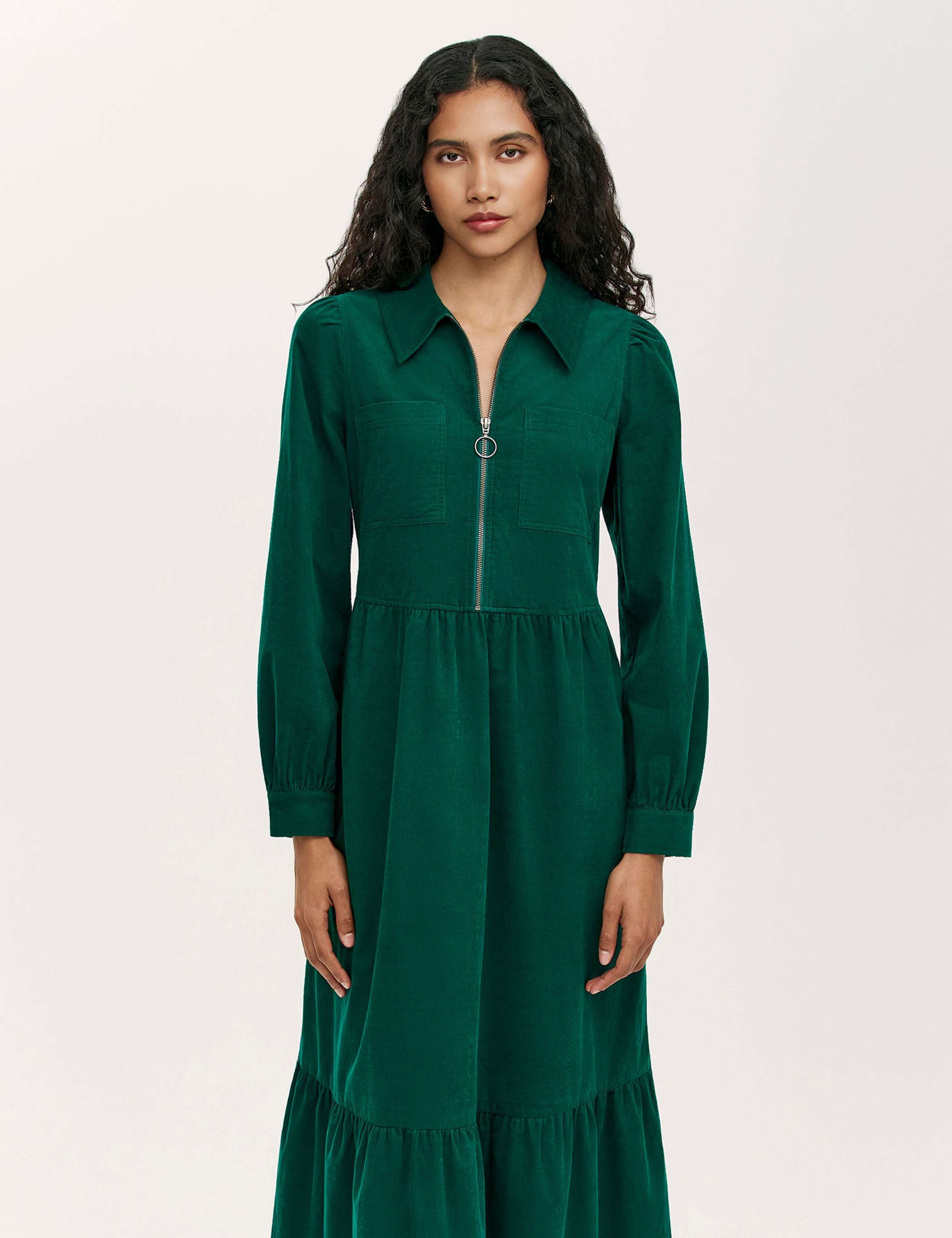 Cord Zip Neck Midi Tiered Dress 3 of 4