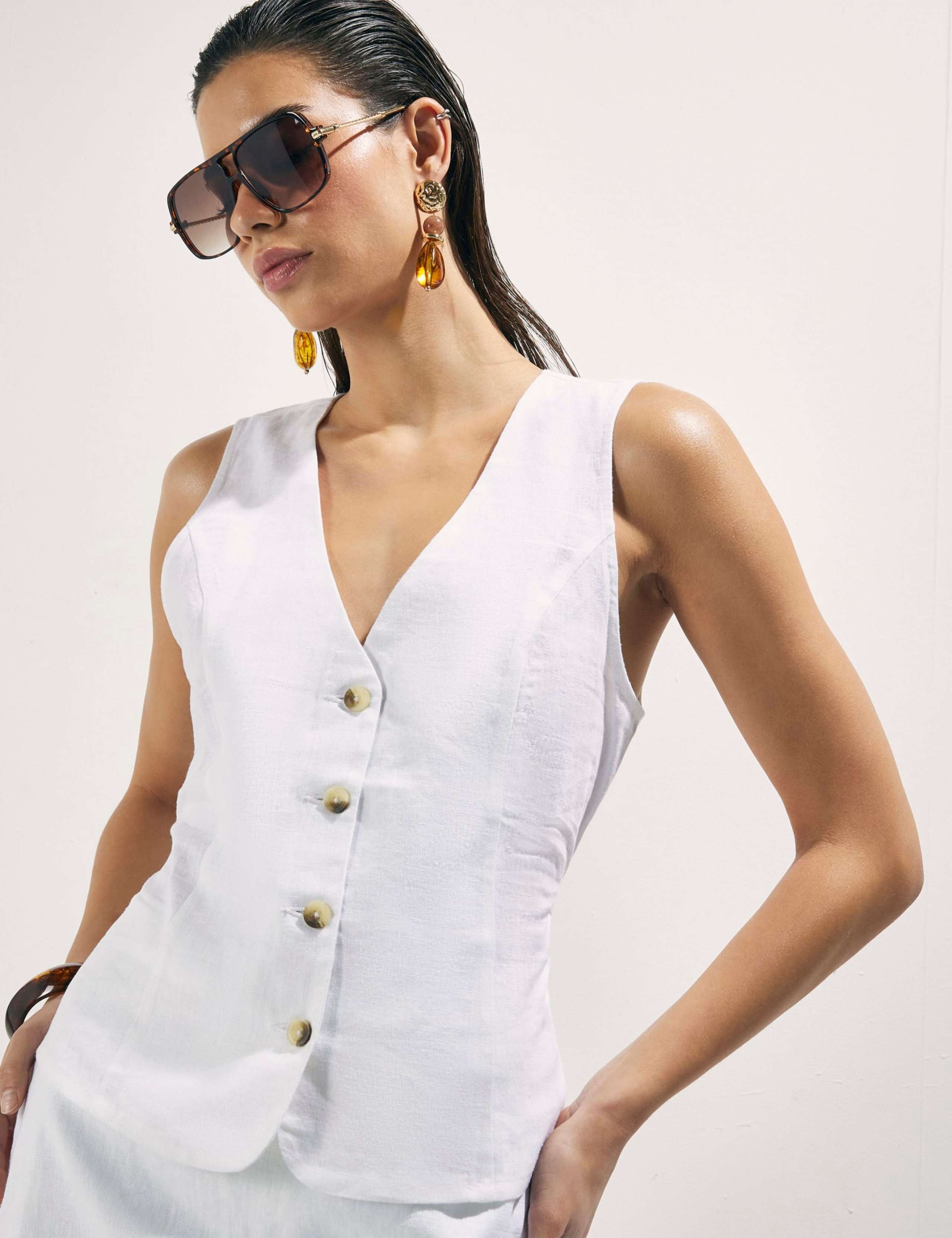 Linen Blend V-Neck Button Through Waistcoat 1 of 4