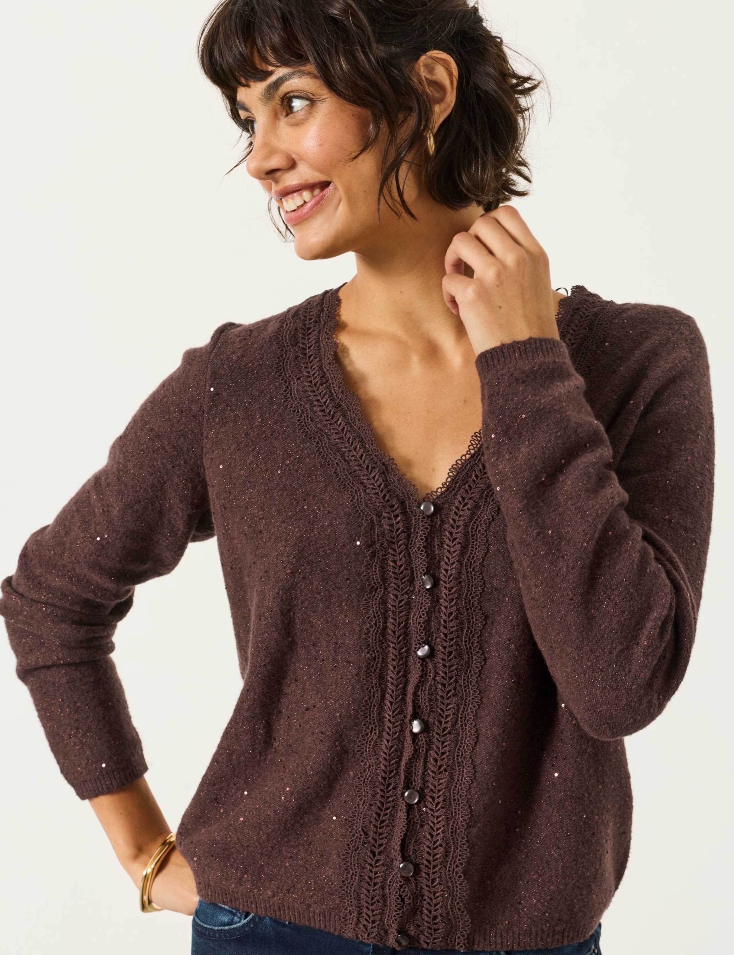 Cotton Rich Sparkly V Neck Button Front Cardigan 4 of 6